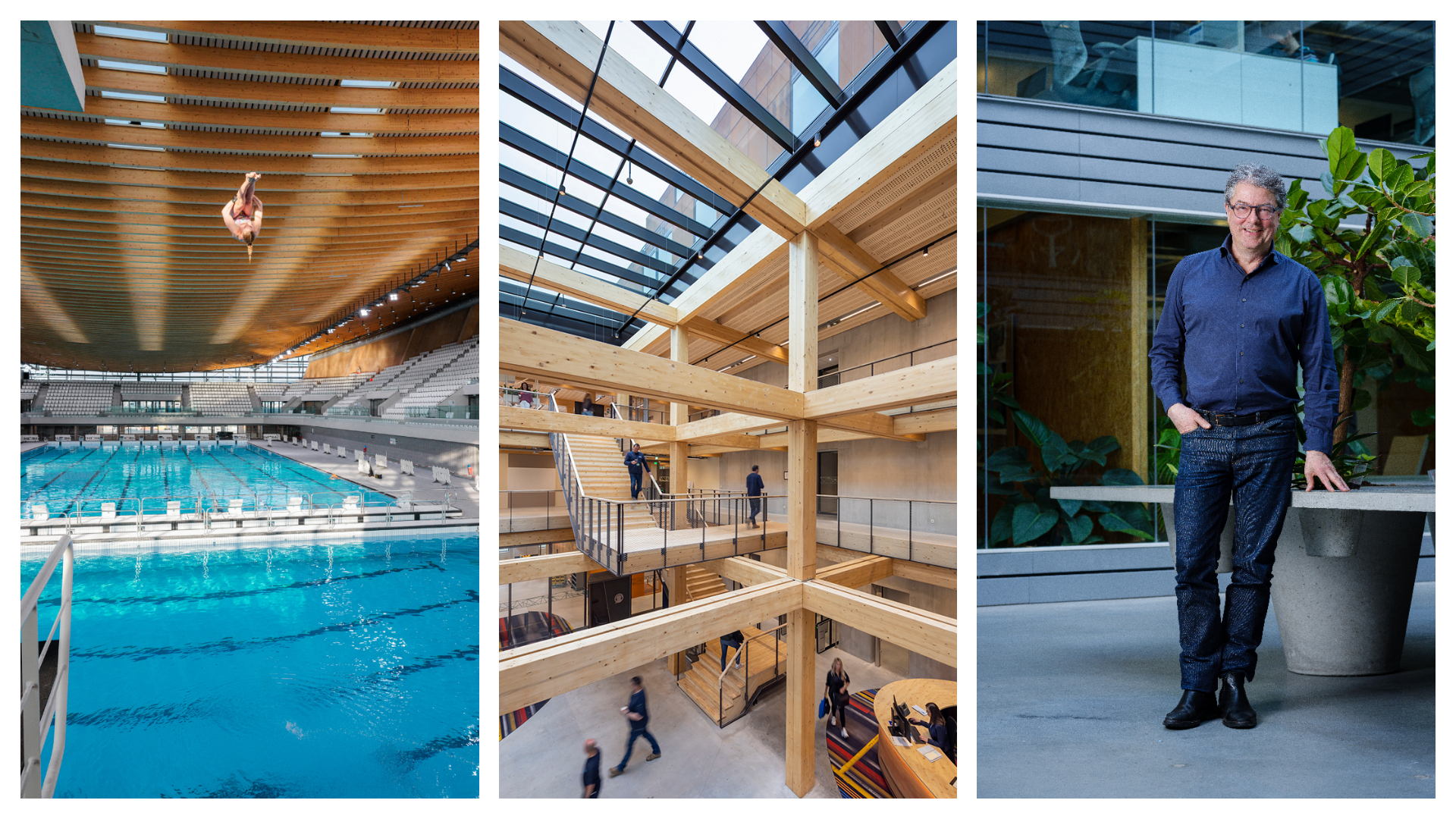 Links: Centre Aquatique in Parijs door VenhoevenCS, beeld Salem Mostefaoui. Midden: Alliander in Amsterdam door De Zwarte Hond, beeld Scagliola Brakkee. Rechts: Paul de Ruiter, beeld David Meulenbeld