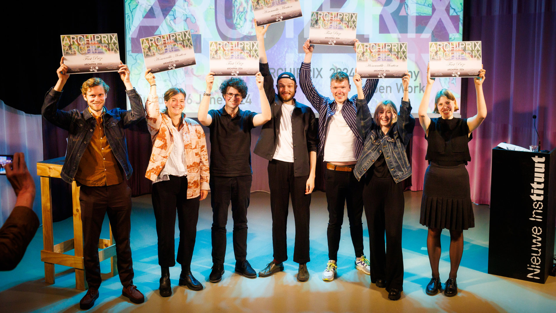 Winnaars een eervolle vermeldingen van de Archiprix 2024. Beeld Fred Ernst 