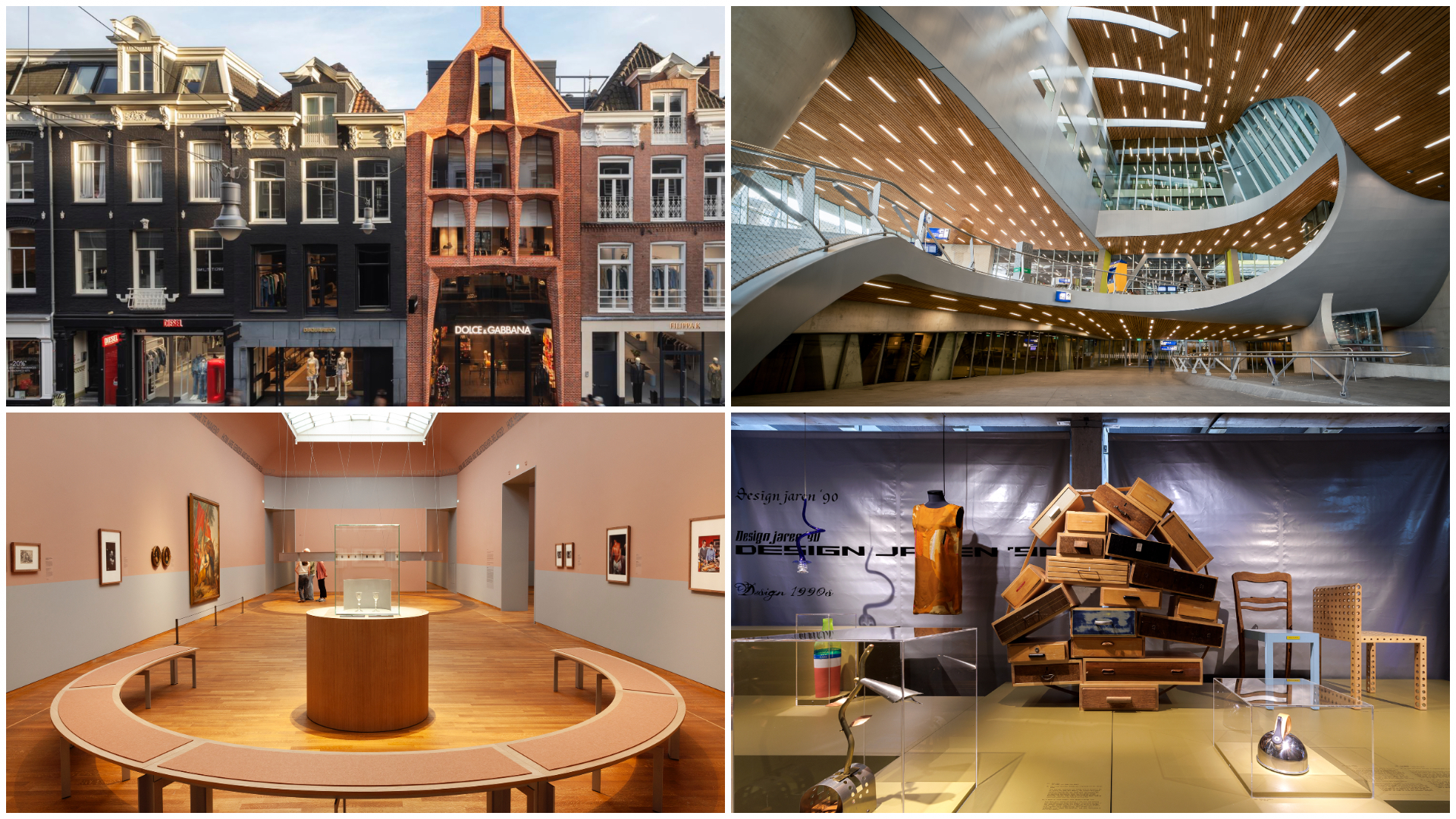 V.l.n.r. Dolce & Gabbana door Dok Architecten in Arcam, Arnhem Centraal door UNStudio als onderdeel van een architectuurwandeling, Point of View door Ard de Vries en Donna van Milligen Bielke in het Rijksmuseum en Dutch More or Less in het Nieuwe Instituut