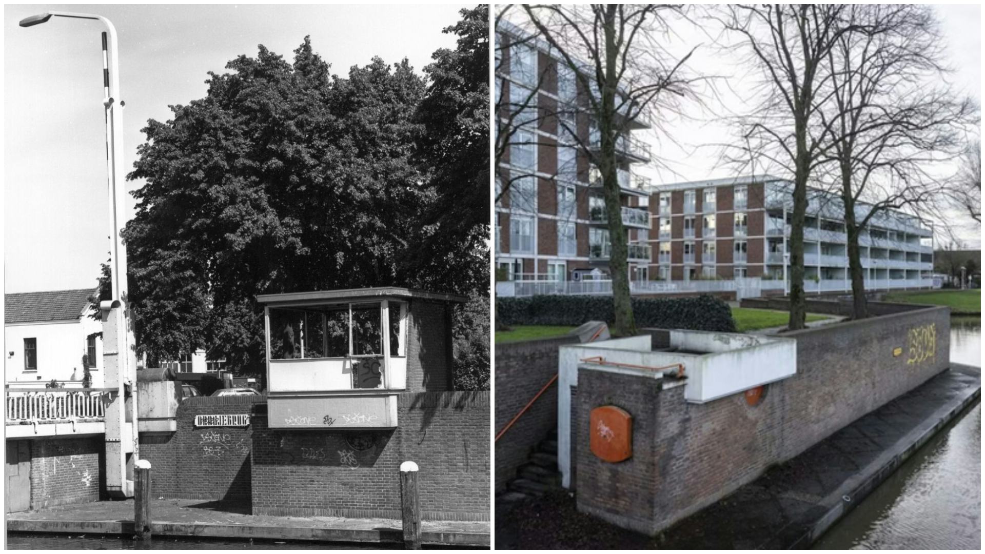 Het brugwachtershuisje van de Oranjebrug in Utrecht. Links een historisch beeld uit het Utrechts Archief. Rechts de huidige situatie, Beeld Bas van Setten