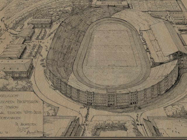 Het ontwerp voor het olympisch stadion in Den Haag, door Samuel de Clercq en Adolf Broese van Groenou. Beeld Nationaal Archief