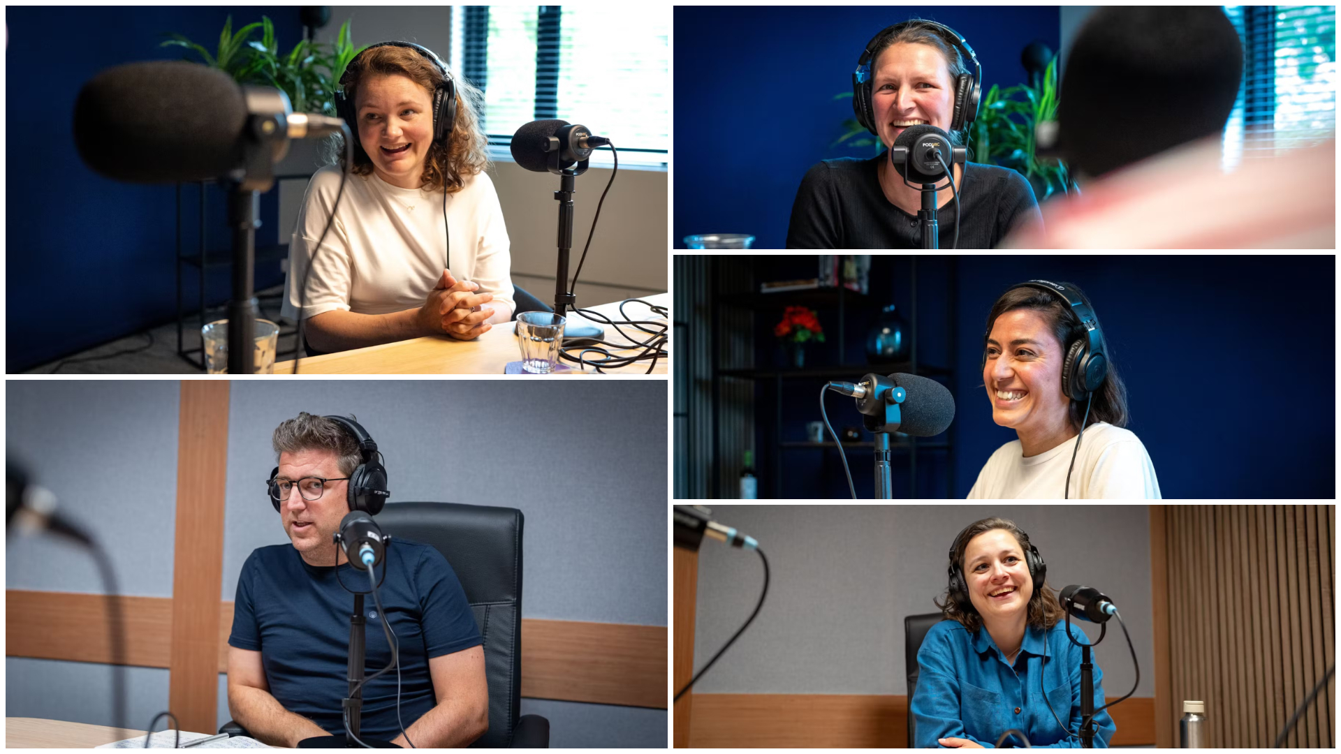 Beeld links boven naar beneden:  Floor Frings en Tim Vekemans. Rechts boven naar beneden: Lian Blok, Pinar Balat en Evelien Pieters. Beeld Hanna Veltman