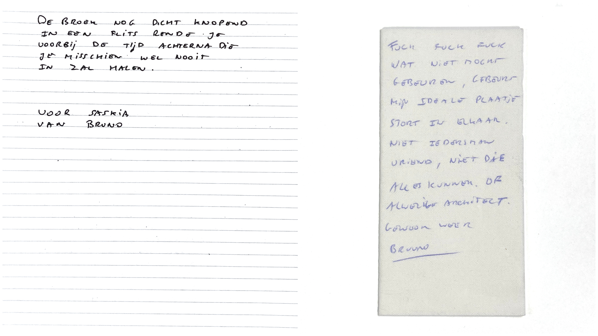 Links: kattebelletje aan Saskia van Stein. Rechts: tekst op een servet. Beeld Bruno Vermeersch