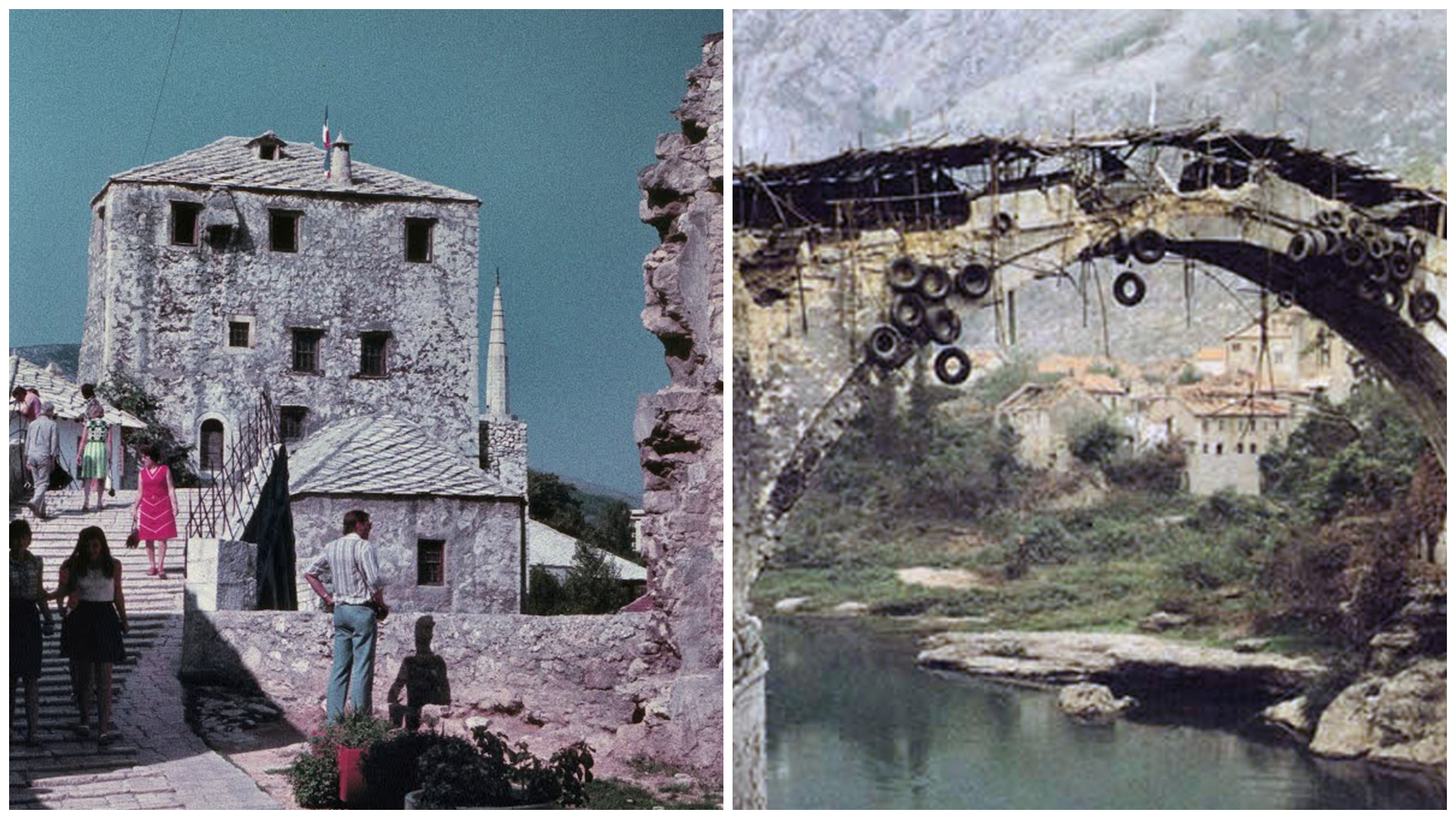 Links: Still uit de YouTube-video ‘Mostar 1972’ van The Mostarcina. Rechts: Beeld Nigel Chandler|Sygma|Corbis