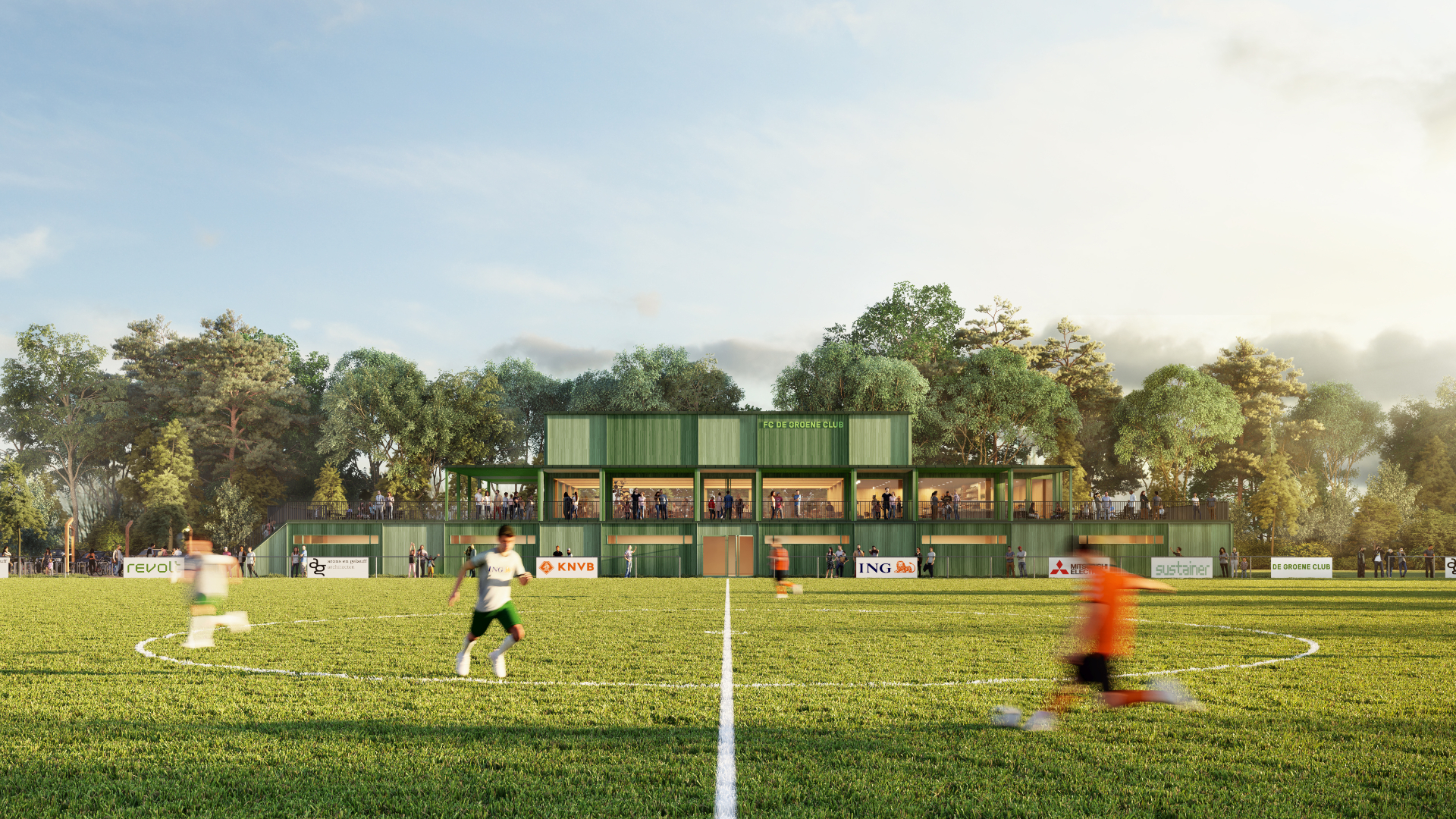 Impressie Modulair Clubhuis in houtbouw, voorbeeld variant Medium. Ontwerp: Arons en Gelauff architecten. Beeld: PixelPool