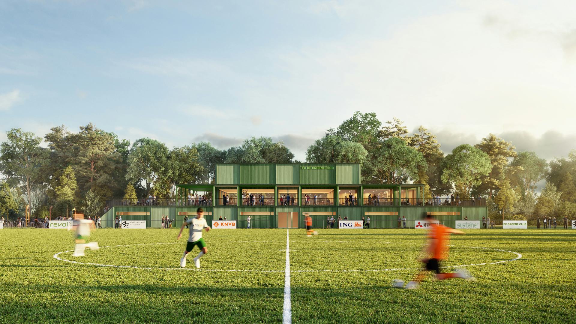 Impressie Modulair Clubhuis in houtbouw, voorbeeld variant Medium. Ontwerp: Arons en Gelauff architecten. Beeld: PixelPool