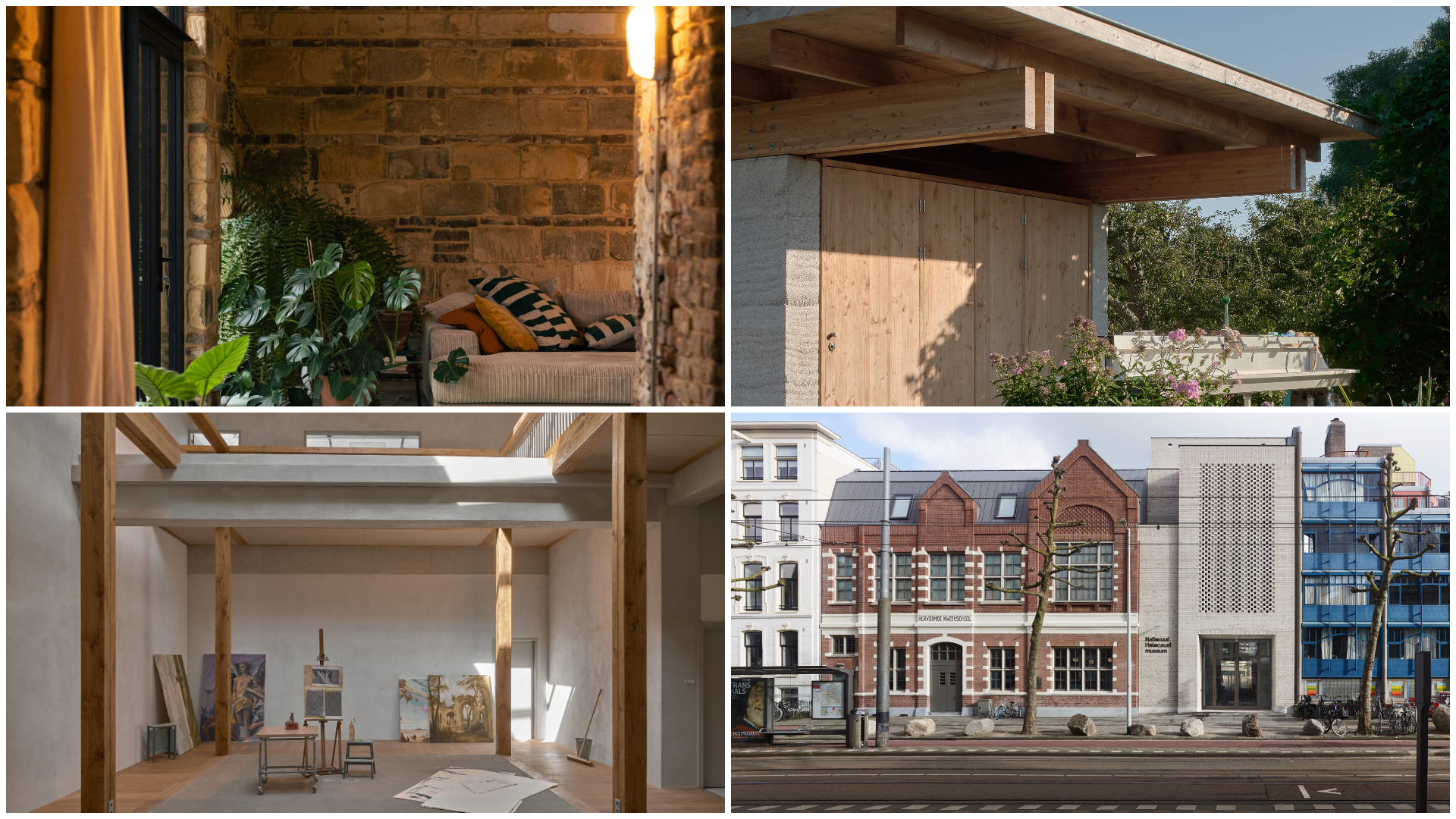 V.l.n.r. De Witte van Heer, beeld Jonathan Widdershoven, Paviljoen De Zoete Aarde, beeld MWA Max Hart Nibbrig, Vakschool Nimeto, beeld MWA Hart Nibbrig en het Holocaust Museum, beeld Stefan Müller 