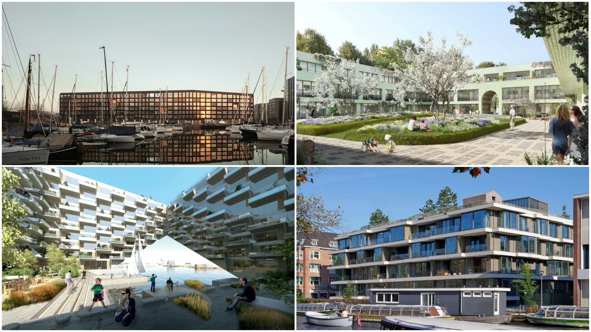 V.l.n.r. Jonas, Amsterdam door Orange Architects. Beeld Sebastian van Damme; Spaarndammerhart in Amsterdam door Korth Tielens Architecten en Marcel Lok_Architect. Beeld Max Hart Nibbrig. Sluishuis, IJburg Amsterdam door Bjarke Ingels Group met Barcode. Beeld Ossip van Duivenbode en Singelgrachtblok, Groenmarkt, Amsterdam door Ronald Janssen Architecten, Bastiaan Jongerius Architecten & Buro Harro. Beeld Sebastian van Damme