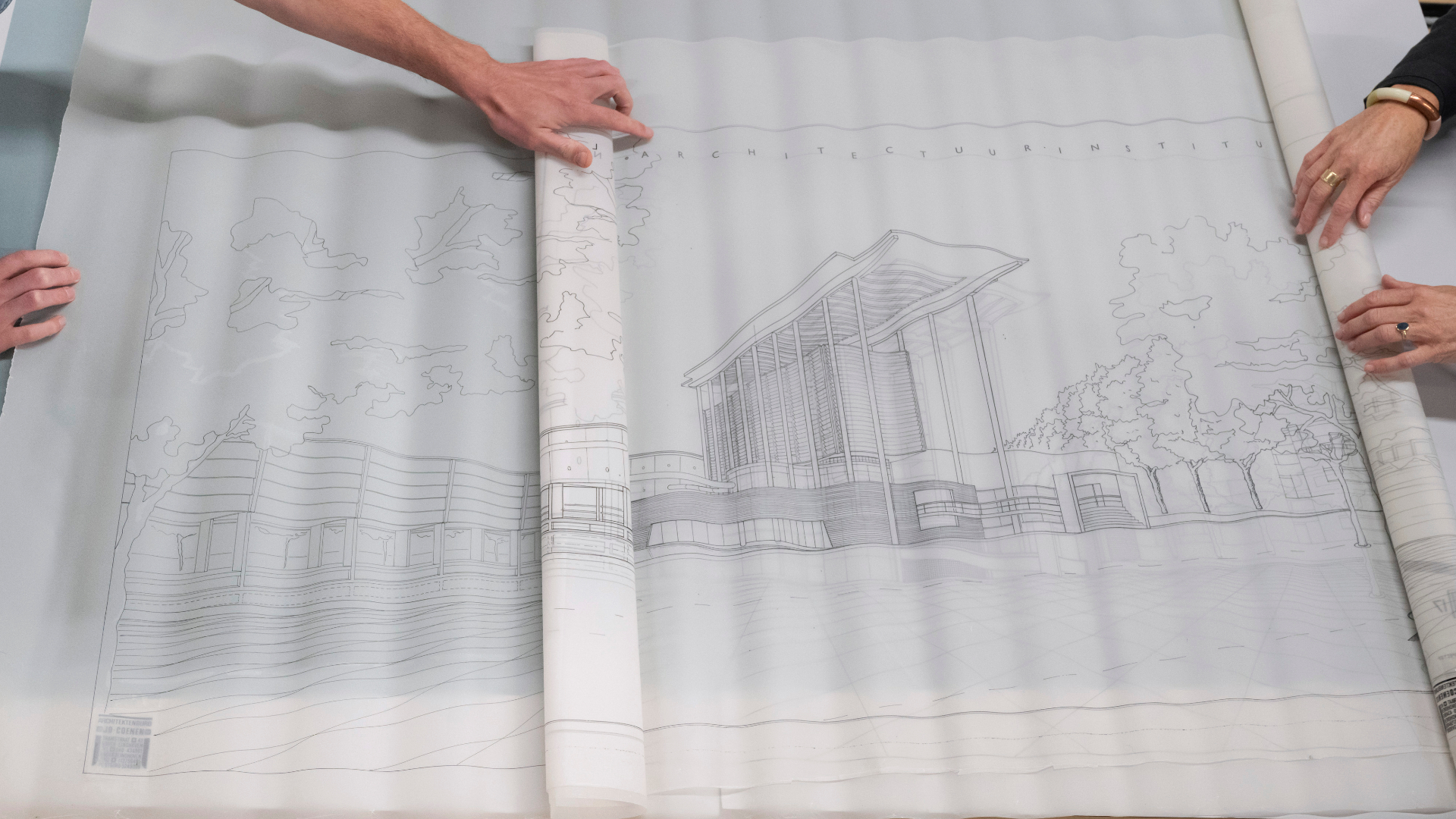 Tekening van de huisvesting van het Nieuwe Instituut indertijd ontworpen als het Nederlands Architectuurinstituut. Beeld Johannes Schwarz