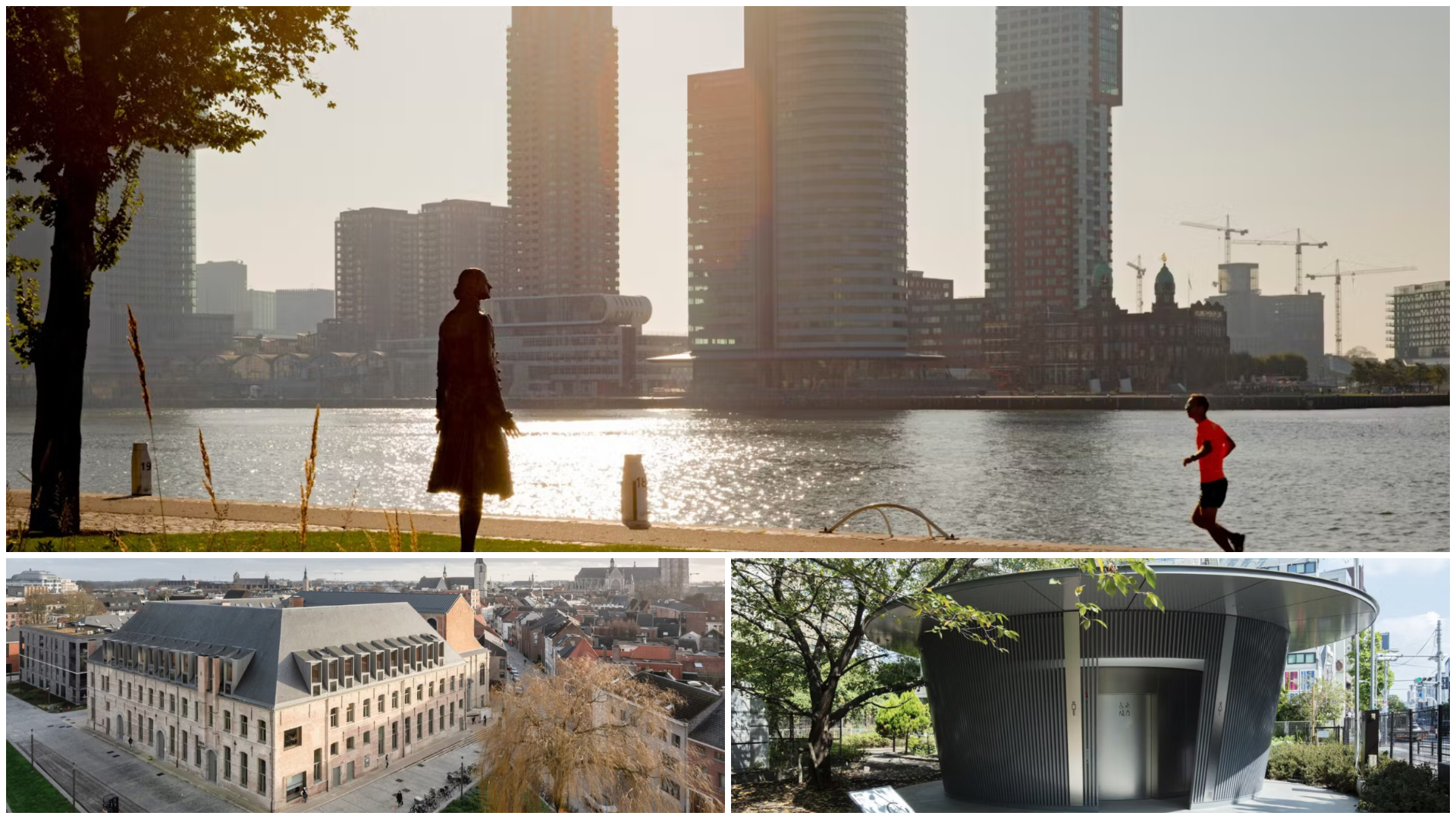 Vlnr: Hardlopen in Rotterdam. Beeld Iris van den Broek, Het Predikheren door Korteknie Stuhlmacher Architecten (KSA). Beeld Maurice Tjon a Tham en een openbaar toilet in Jingo-Dori Park. Beeld Satoshi Nagare