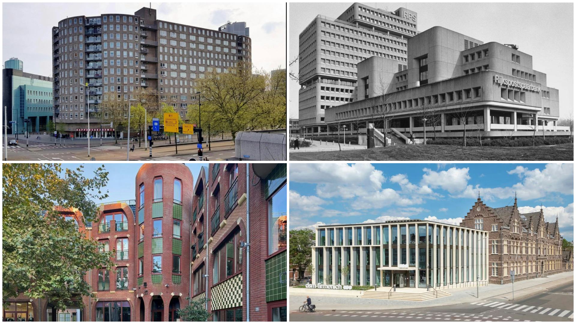 Vlnr: Pompenburg, Rotterdam door Carel Weeber; de Rijkspostspaarbank, beter bekend als Leeuwenburg. Beeld Herman Werthenbach / ING; Guardianenhof in Den Bosch door Wilco Meeuwis. Beeld Arjan den Boer; dsm-firmenich hoofdkantoor. Beeld Norbert van Onna