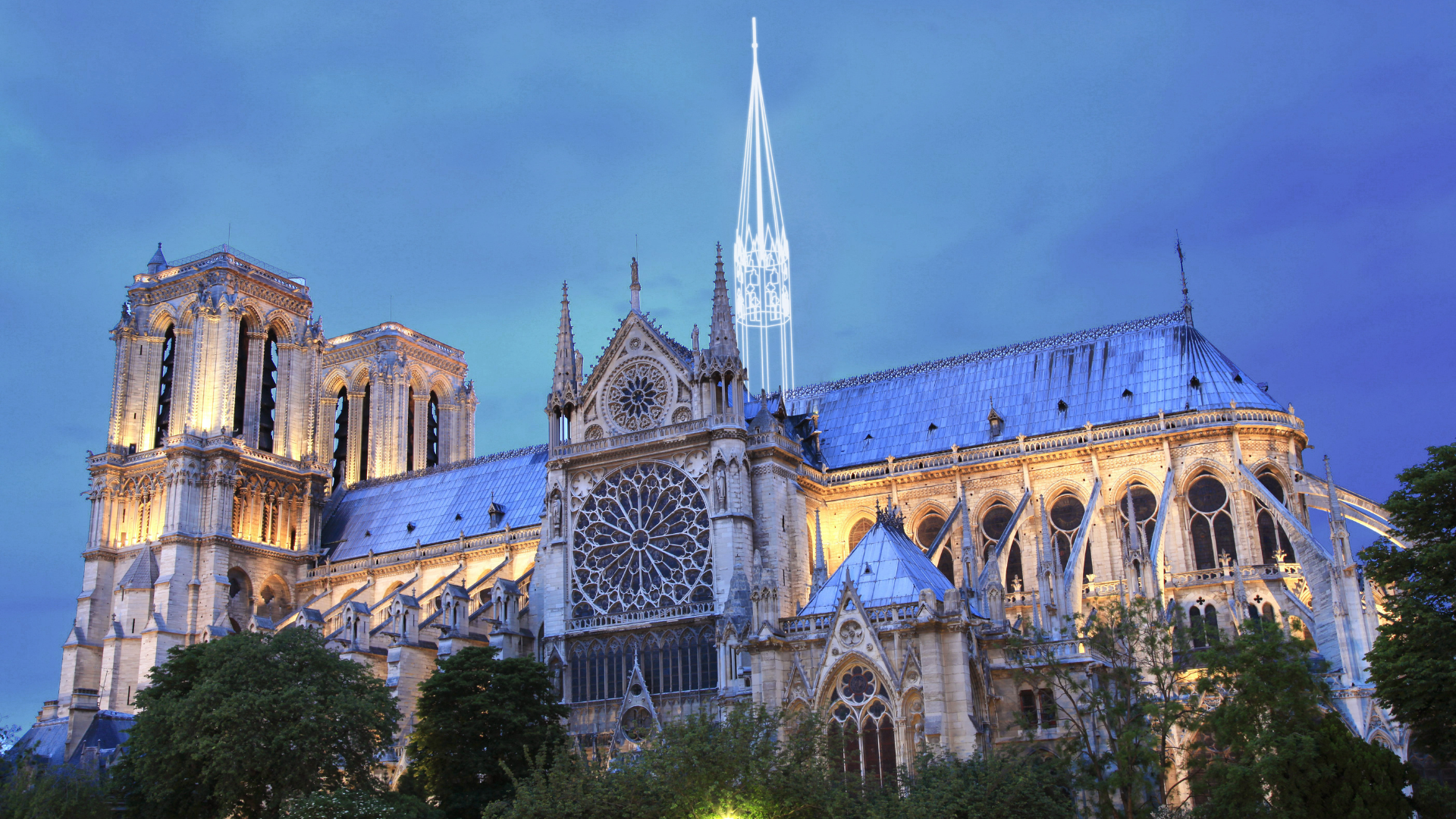 Marten Wassmanns 3D-projectie als vervanging van de afgebrande vieringtoren. Beeld Benthem Crouwel Architects