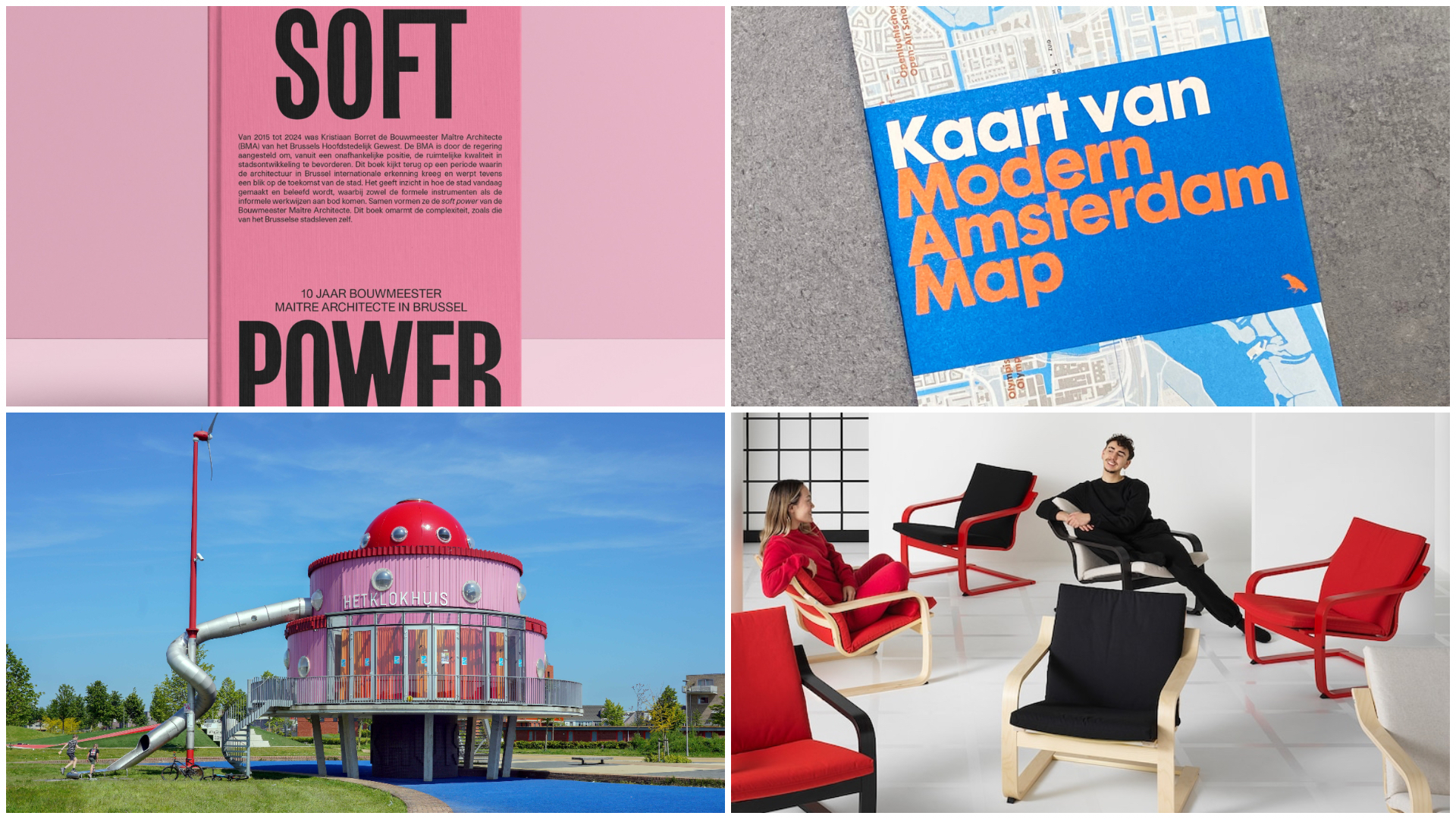 V.l.n.r. Boek Soft Power, Architectuurkaart Modern Amsterdam, het Klokhuis in Almere en de Poäng fauteuil door IKEA