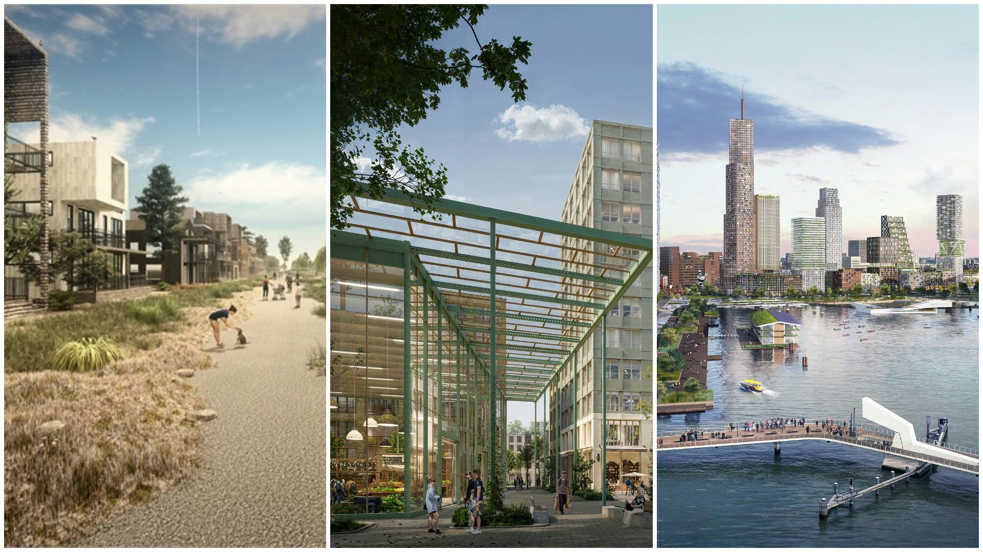 V.l.n.r.: Strandeiland, Schalkwijk, Rijnhaven. Beeld door gemeente Amsterdam, Vivid Vision en Barcode Architects