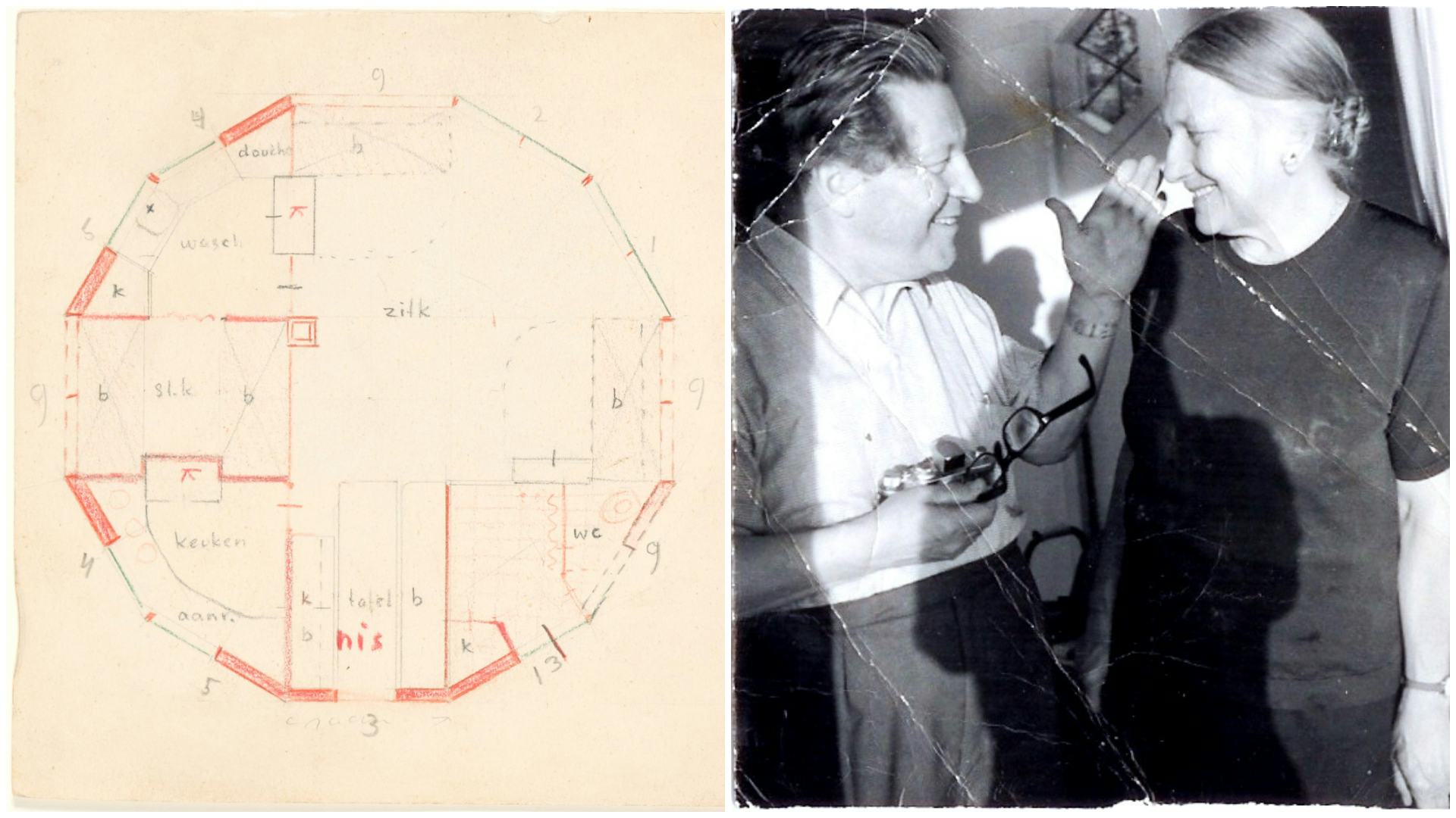 Links: plattegrond van de twaalfhoekige versie van het Houten Zomer Huis door Gerrit Rietveld en Truus Schröder, 1936. Inventarisnummer 078 A 001. Beeld Centraal Museum Utrecht / Rietveld Schröderarchief / Pictoright, 2025. Rechts: Gerrit Rietveld en Truus Schröder. Beeld Wikimedia Commons / Henk de Klerk