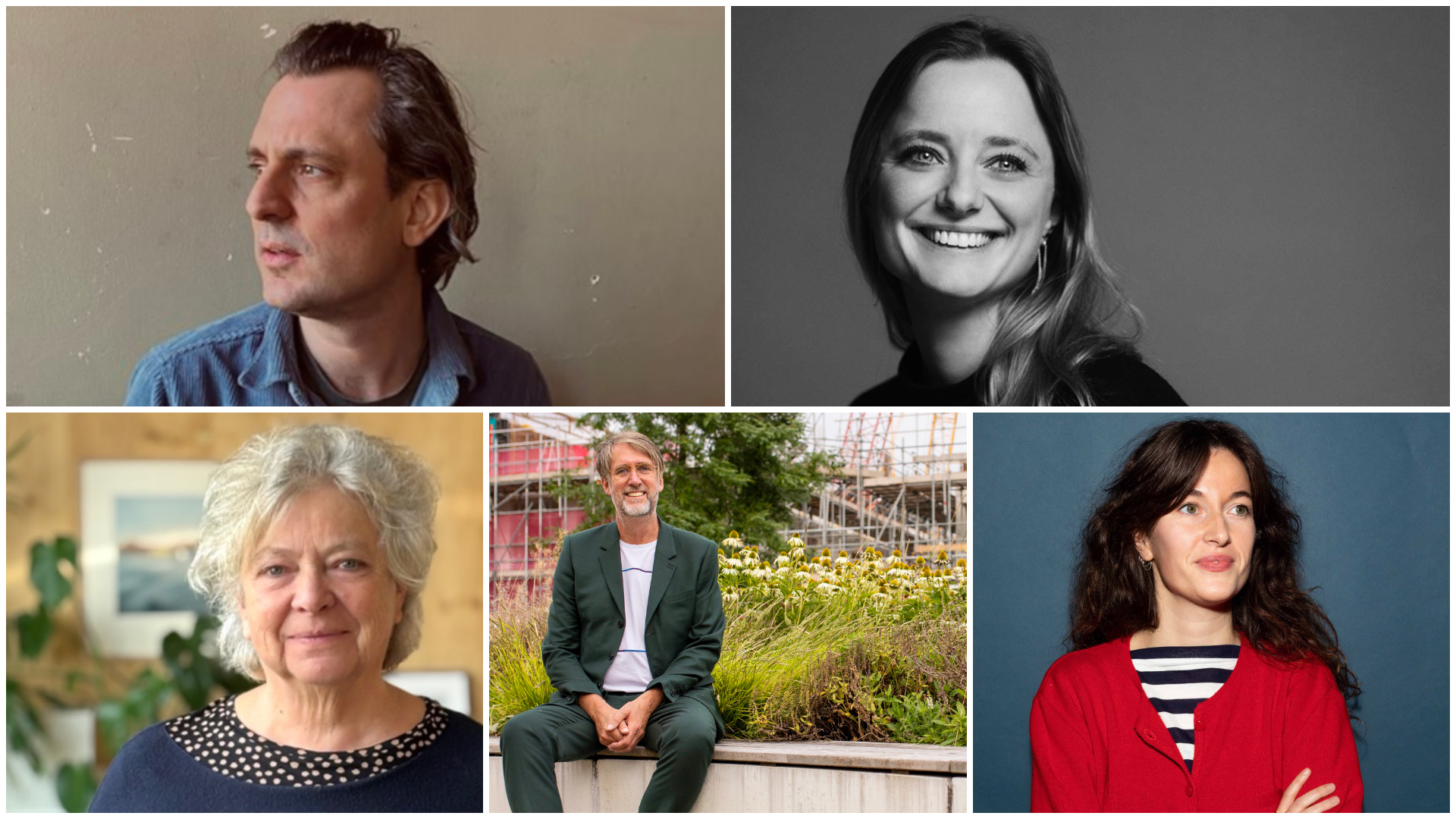 V.l.n.r. Pieter Bedaux, Esther Bentvelsen, Noor van Mierlo, Tako Postma en Charlotte Thomas. Compilatiebeeld de Architect