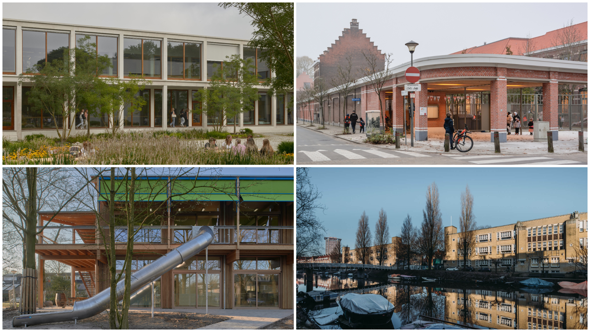 Gerenoveerde onderwijsgebouwen. V.l.n.r.: Nimeto, Edison, De Zevensprong en Berlage Lyceum. Beeld door Max Hart Nibbrig, Maurice Tjon a Tham en Eva Bloem