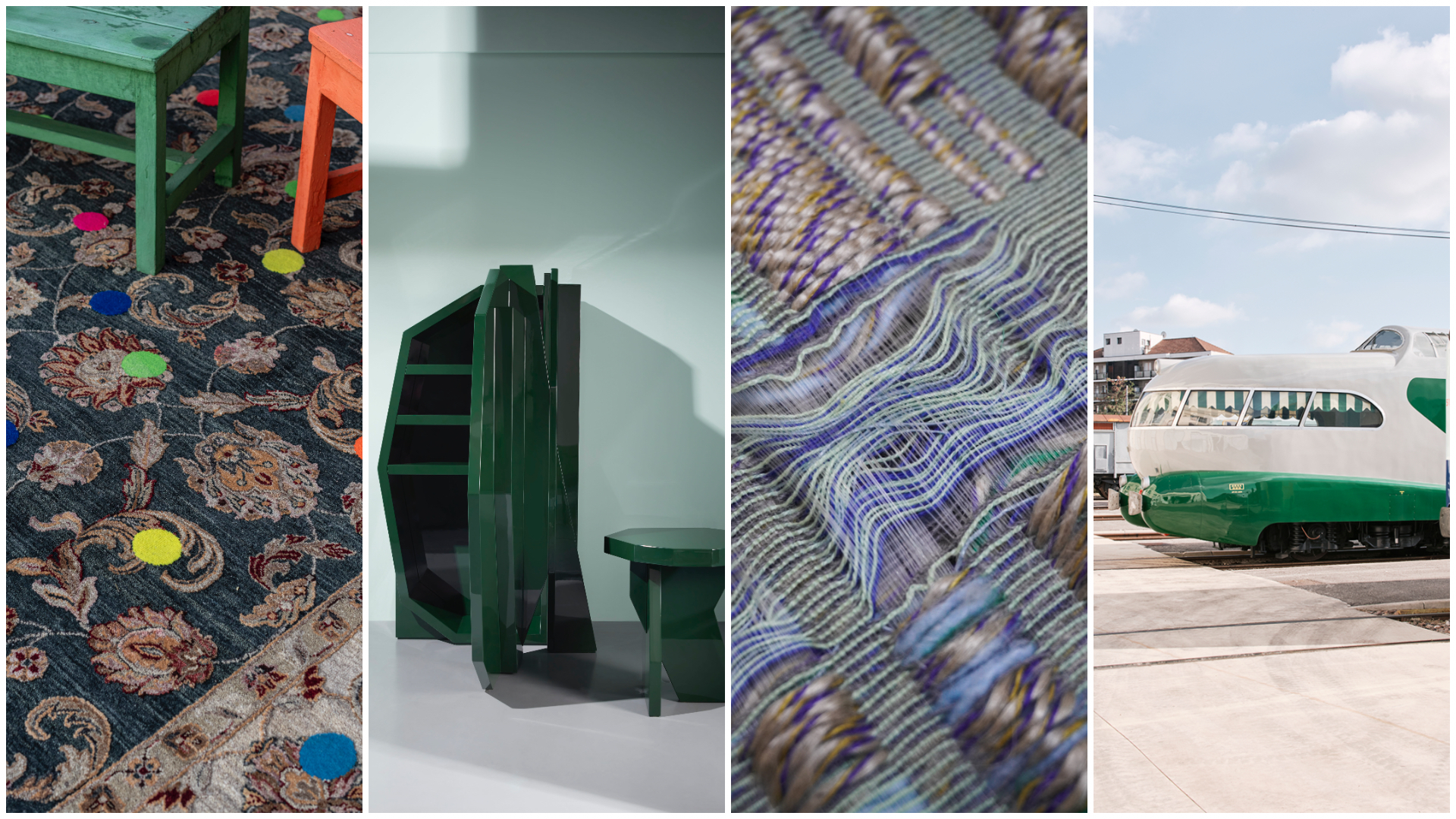 V.l.n.r. Jaipur Rugs x Richard Hutten. Beeld Jaipur Rugs, Green collection Kiki Van Eijk voor EXTO. Beeld Alcova, Transience door Emma Terweduwe bij Woven Whispers. Beeld Olympe Tits, Prada Frames in Gio Ponti trein. Beeld Prada