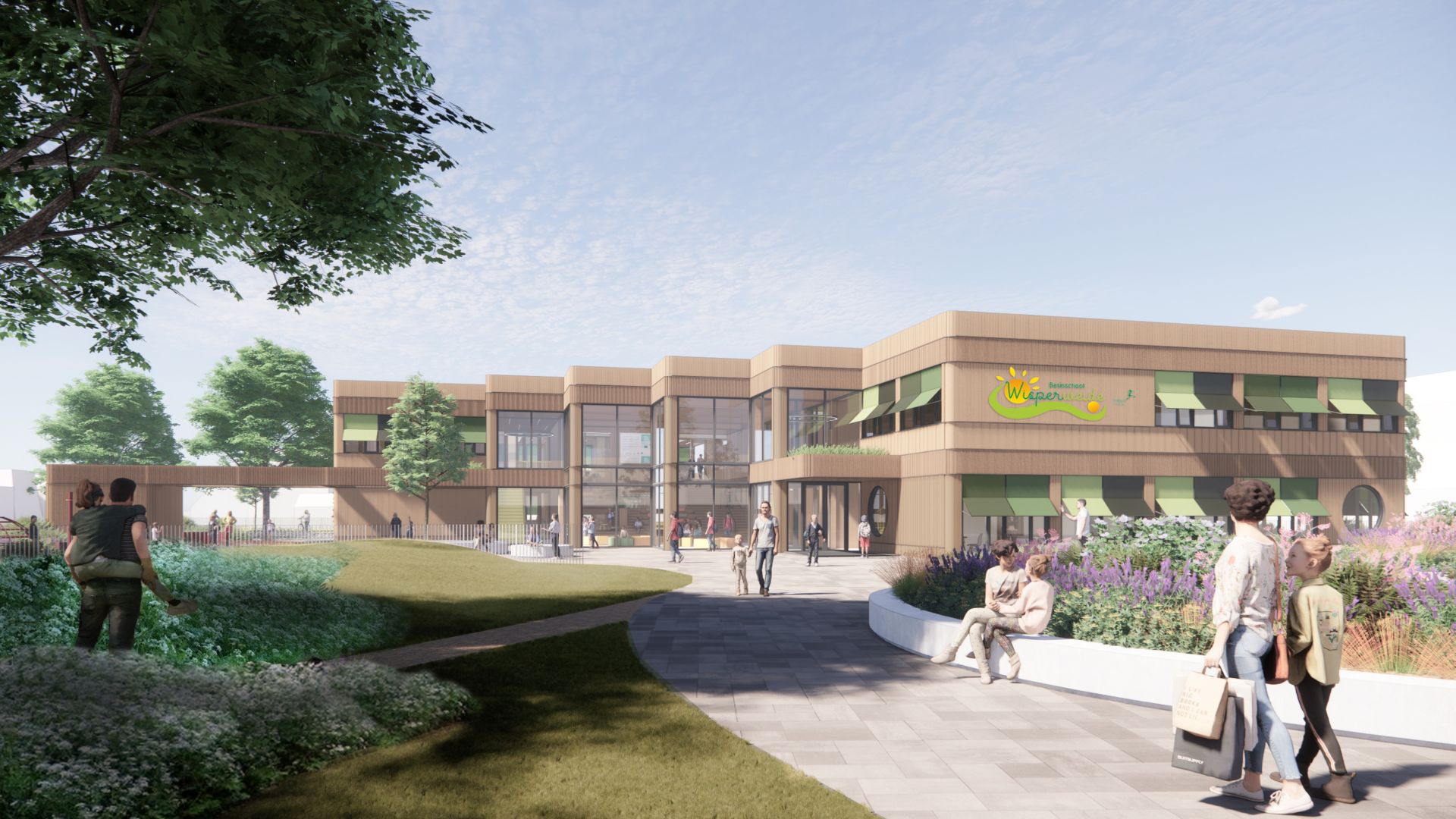 Render van het industriële bouwconcept Schools by Circlewood, momenteel in uitvoering. Beeld Studio A Kwadraat en Schools by Circlewood