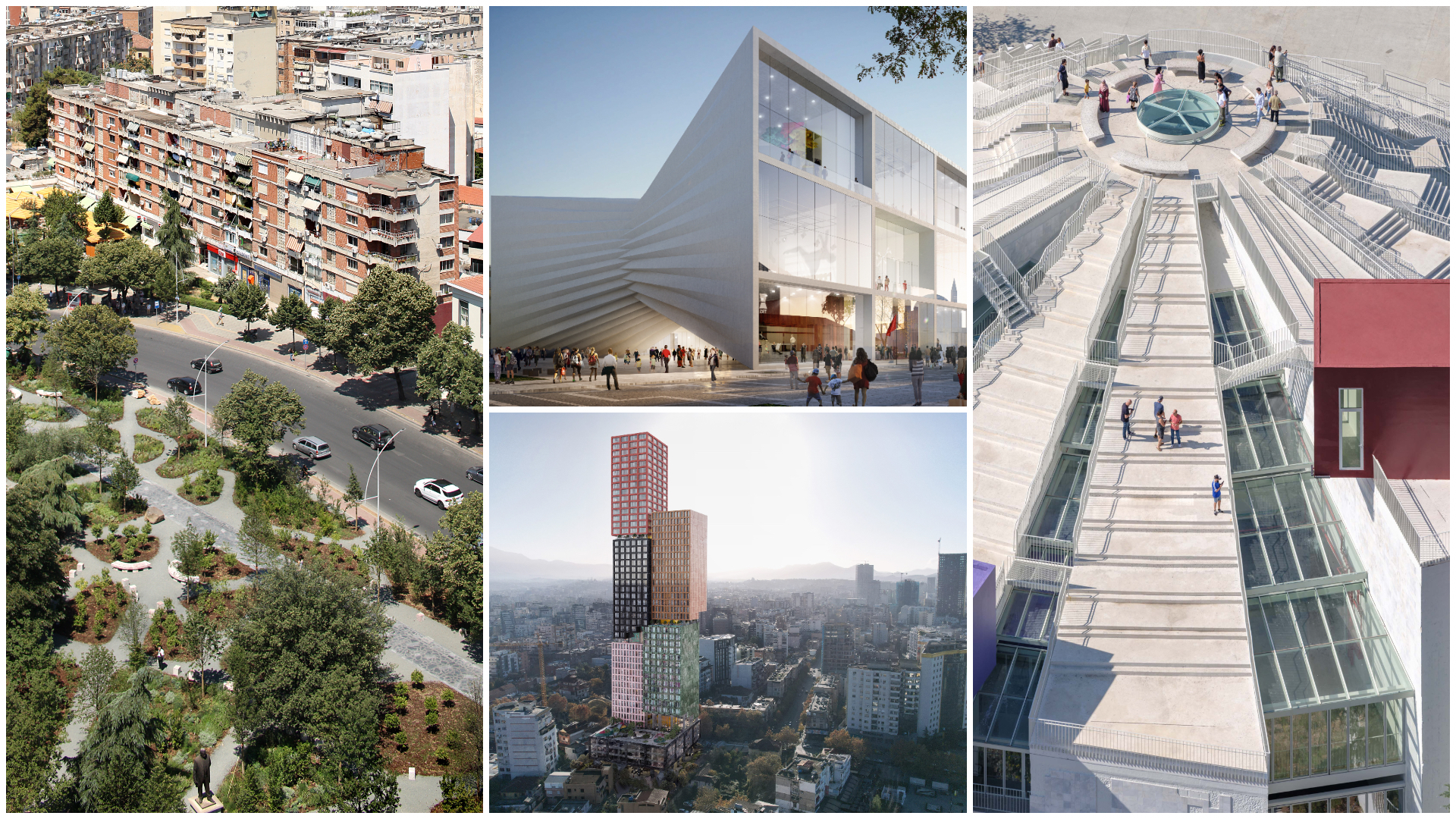 V.l.n.r. 51N4E. Beeld Filip Dujardin, BIG. Beeld BIG, Cityförster en Atelier Gram. Beeld VAYA Studio OOD en MVRDV. Beeld Ossip van Duivenbode