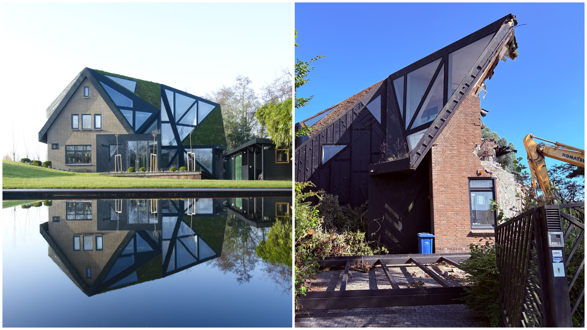 Links: Villa Rotterdam in 2011. Beeld Jeroen Musch. Rechts: de sloop van Villa Rotterdam in 2025. Beeld Ooze