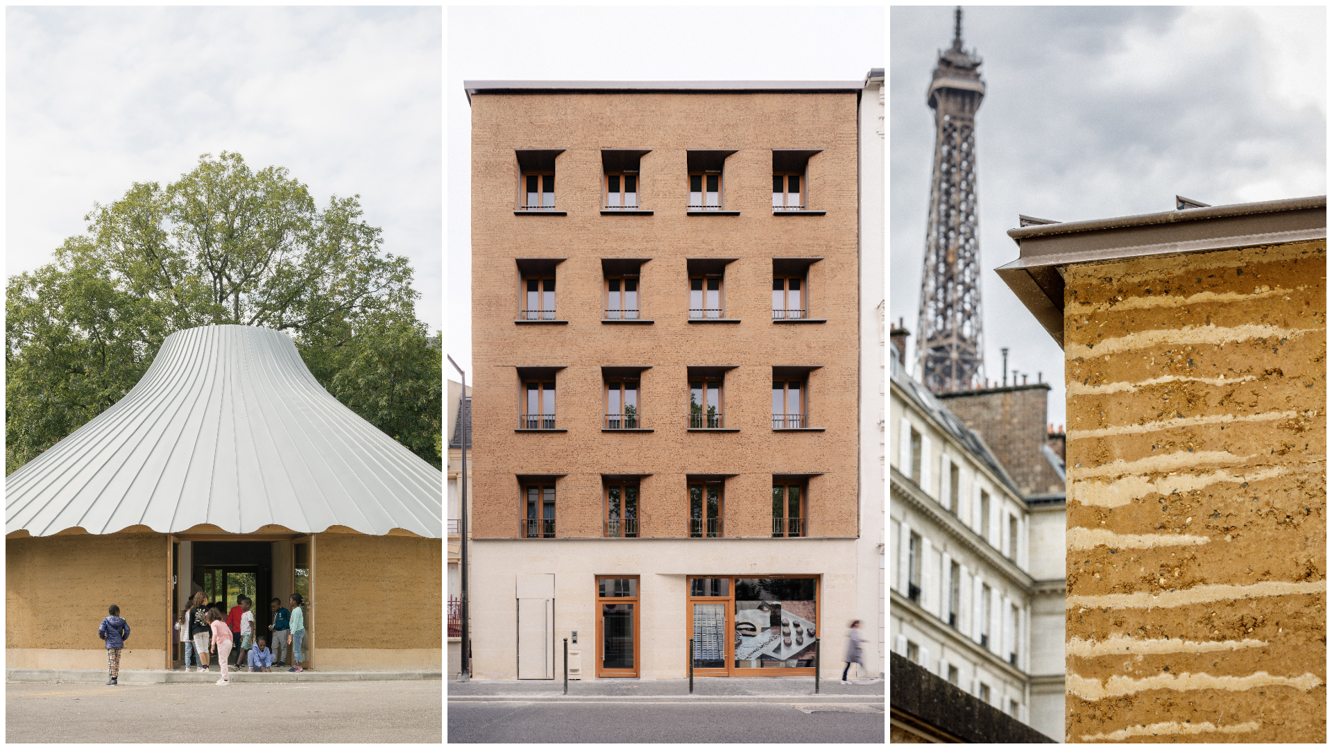 V.l.n.r. Paviljoen Le Vau door L'Atelier Senzu, beeld Stijn Bollaert. Woningbouw Boulogne Billancourt door Déchelette, beeld Francois Baudry. Crèche door Régis Roudil, beeld Agence 11h45