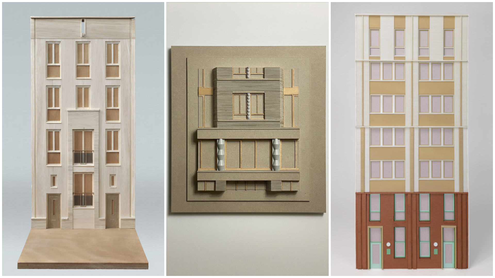 V.l.n.r. maquette en beeld Hans van der Heijden, maquette geveldeel en beeld BureauVanEig, maquette gevel Monadnock, beeld Gaf van Baalen