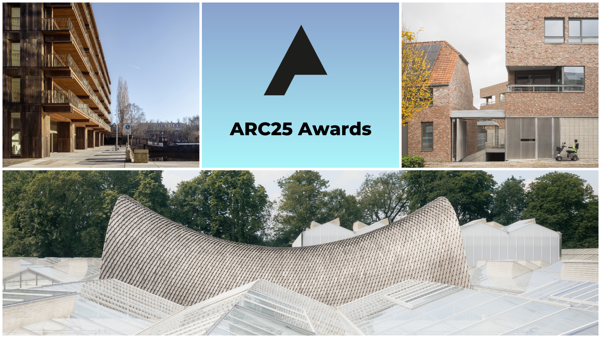Houtrak door Marcel Lok Architect en Workshop Architecten (linksboven), Stedelijk sociaal inbreidingsproject Kortrijk door MAKER architecten (rechts), en de Groene Ark door NU architectuuratelier. Beeld de Architect