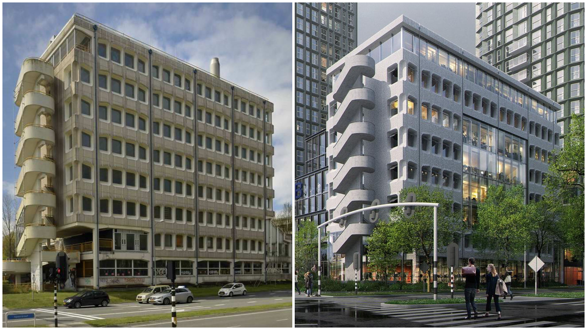Links: De beurs voor de sloop in 2021. Beeld Ben te Raa / Heemschut. Rechts: Gebouw De Beurs 2.0 is onderdeel van het projectplan. Beeld RoosRos/WAX. 