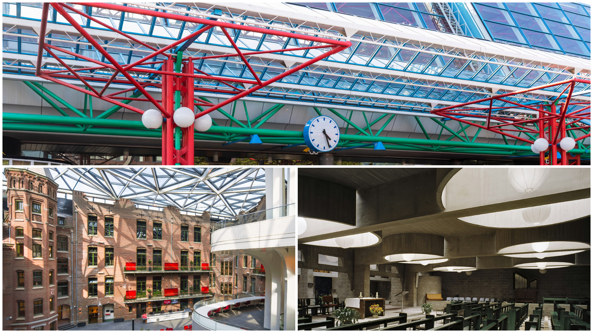 V.l.n.r. Station Lelystad. Beeld Schutterstock, UvA Universiteitsbibliotheek. Beeld Jannes Linders, Pastoor van Arskerk. Beeld Rijksdienst voor het Cultureel Erfgoed, CC BY-SA 4.0  