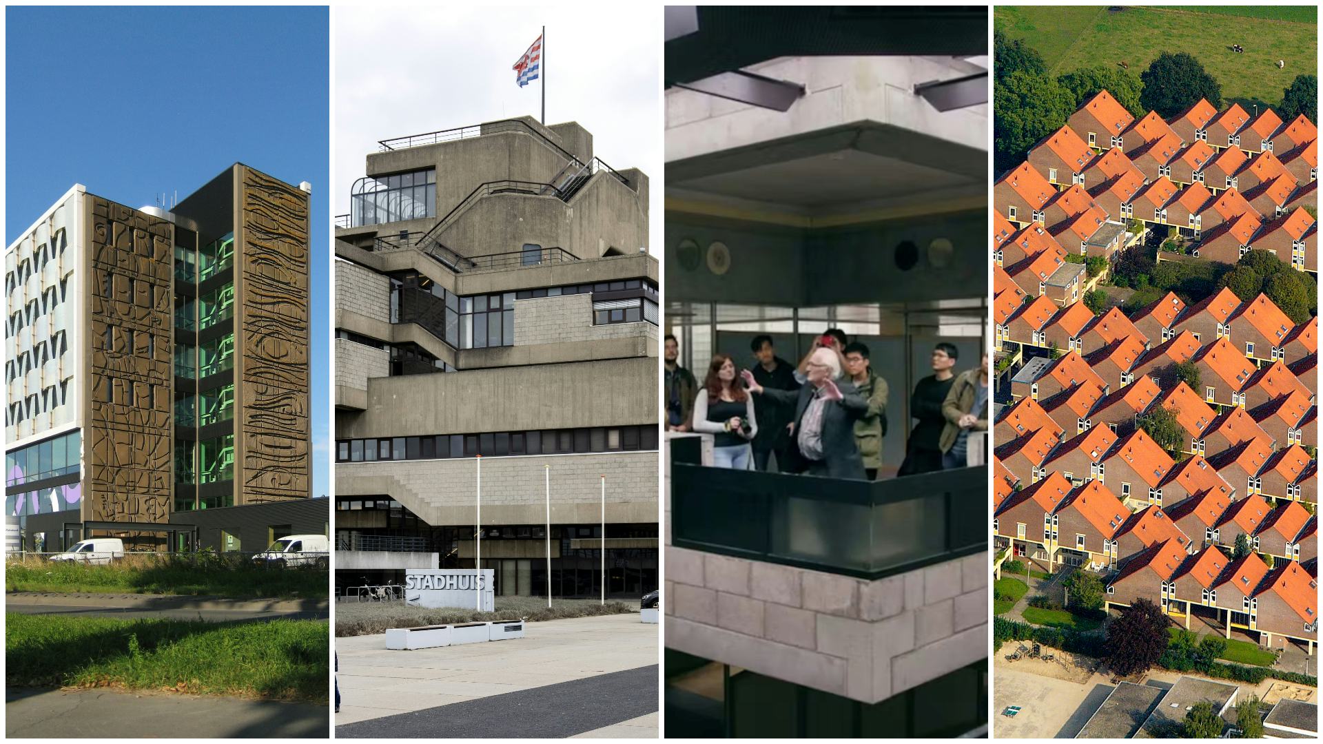 V.l.n.r. Eemsmondgebouw. Beeld Wikimedia Commons. Stadhuis Terneuzen. Beeld ANP / Hollandse-Hoogte / Ramon van Flymen. Still uit film 'Proof of the pudding', over het Centraal Beheergebouw. De Kasbah. Beeld Wikimedia Commons