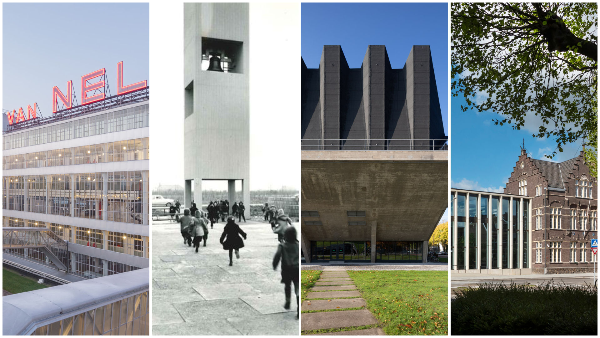 V.l.n.r. Van Nellefabriek, Kerk van Nagele, aula TU Delft, dsm-firmenich. Beeld Broekbakema; Norbert van Onna (dsm-firmenisch)