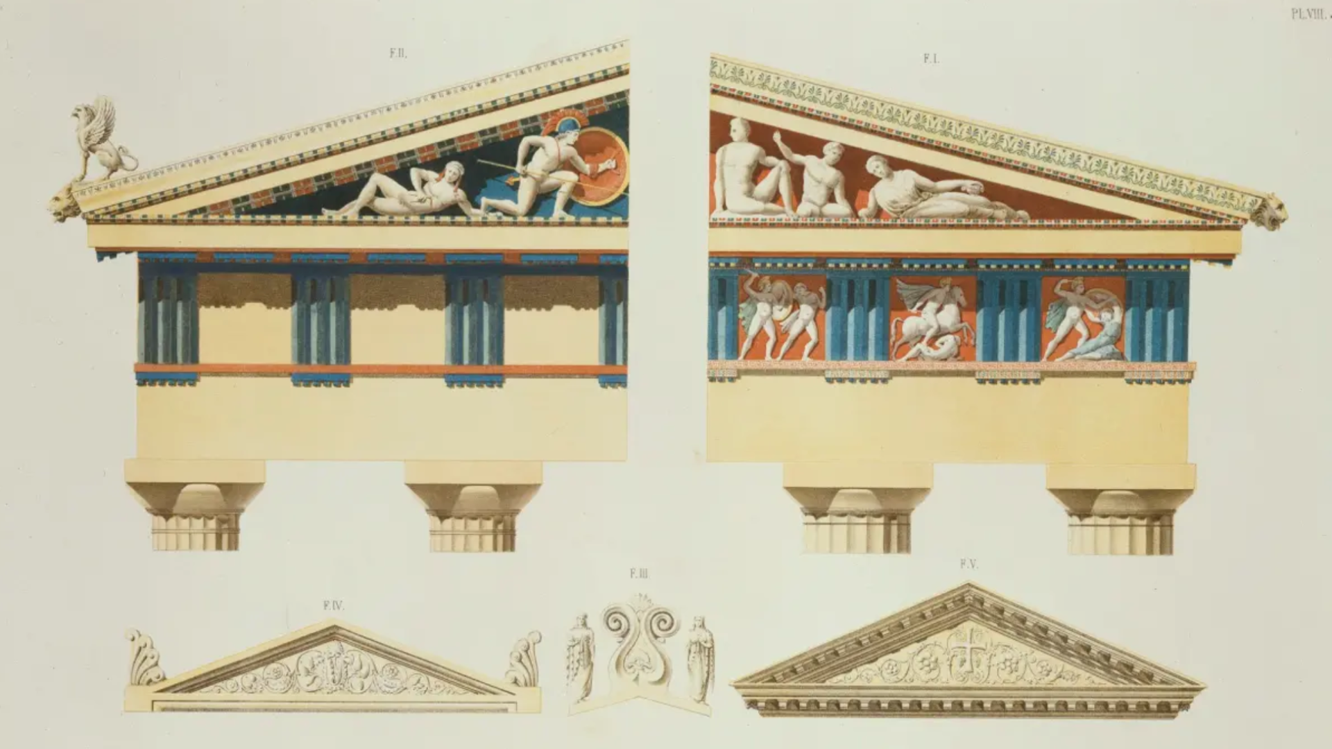 Reconstructie van de gekleurde geveldelen van het Parthenon en de tempel van Aegina. Door Jacques Ignace Hittorff, 1851. Beeld Bibliothèque Nationale de France