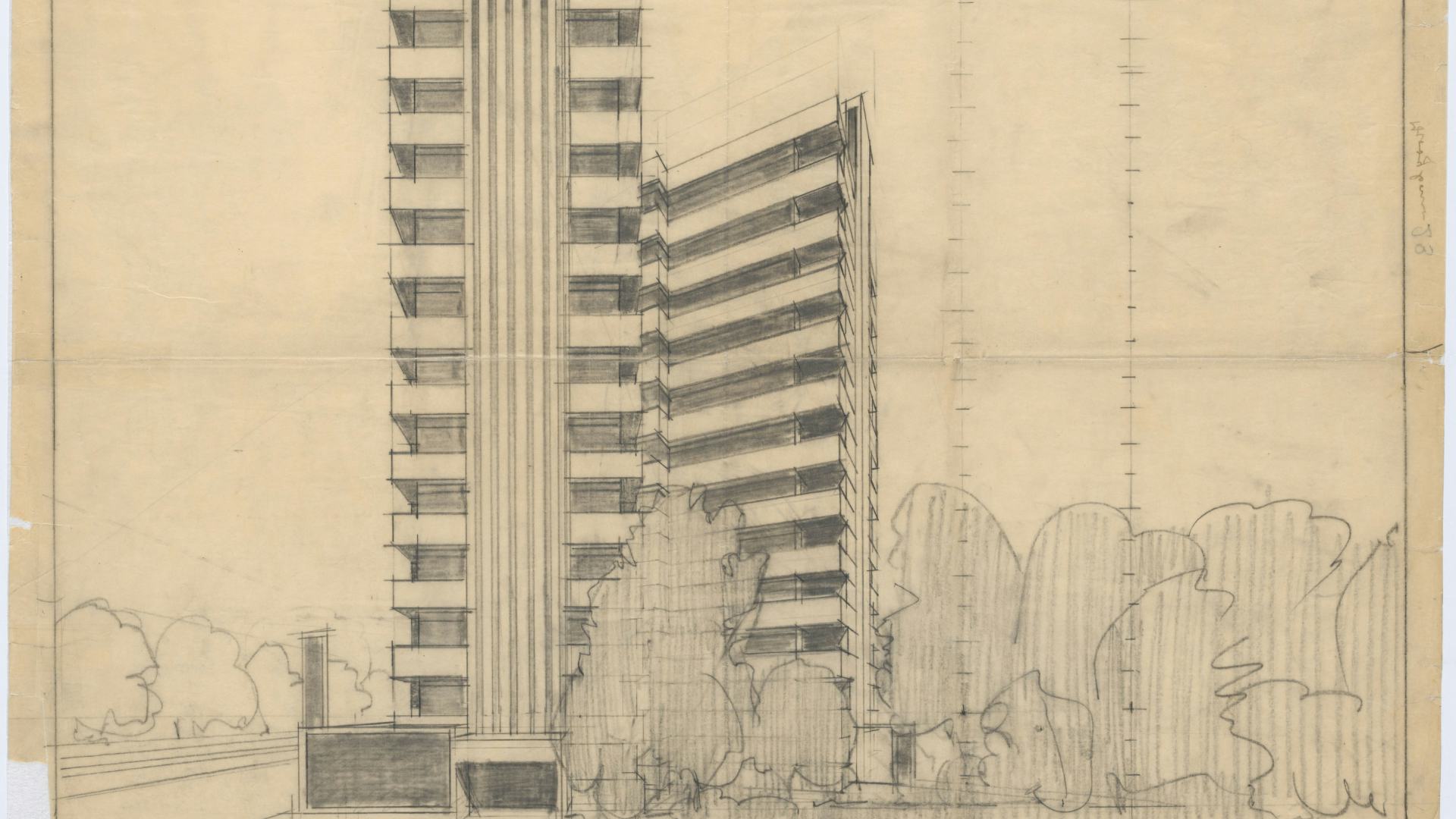 Schets van hoogbouw voor volkswoningen door Jan Duiker en Jan Gerko Wiebenga, 1927-1929. Collectie Nieuwe Instituut/DUIK 101.44