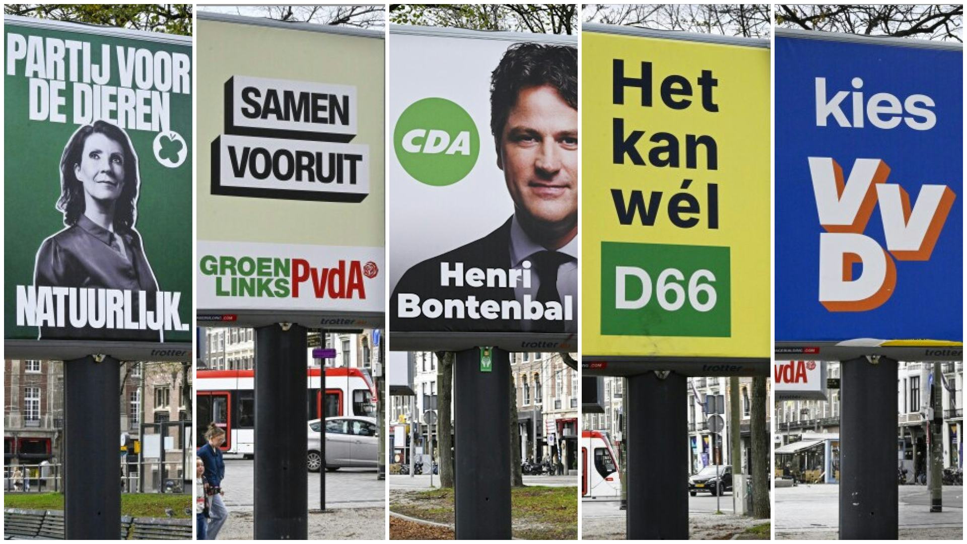 Verkiezingsborden aan de Hofvijver in Den Haag. Beeld ANP / collage de Architect
