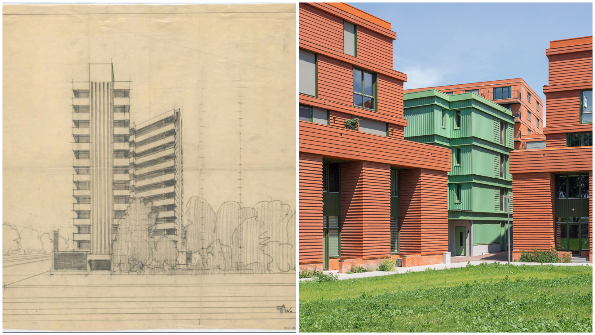 Links: Schets van hoogbouw voor volkswoningen door Jan Duiker en Jan Gerko Wiebenga, 1927-1929. Collectie Nieuwe Instituut/DUIK 101.44, Rechts: Villa Residu. Beeld Loes van Duijvendijk