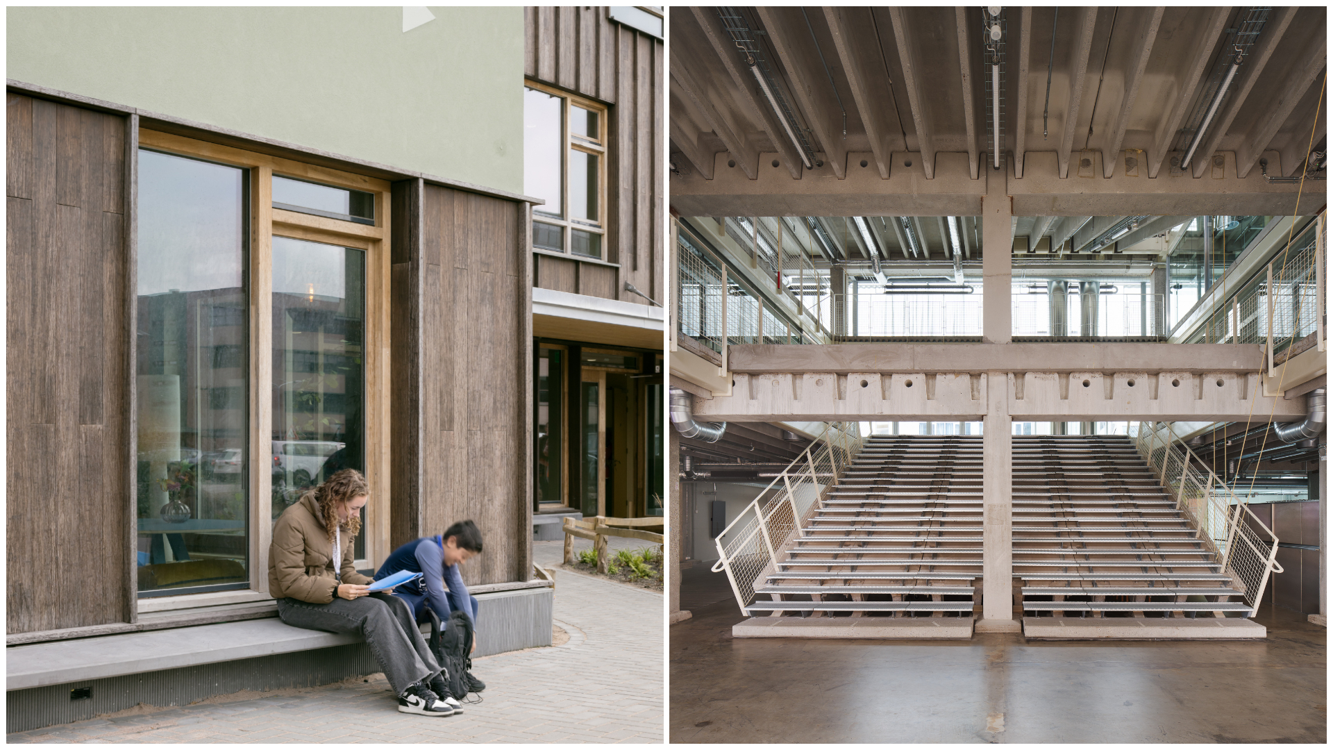 IKEC in Hoorn door KRFT (links). Beeld Stijn Bollaert. Thoravej 29 in Kopenhagen door Pihlmann Architects (rechts). Beeld Hampus Berndtson.