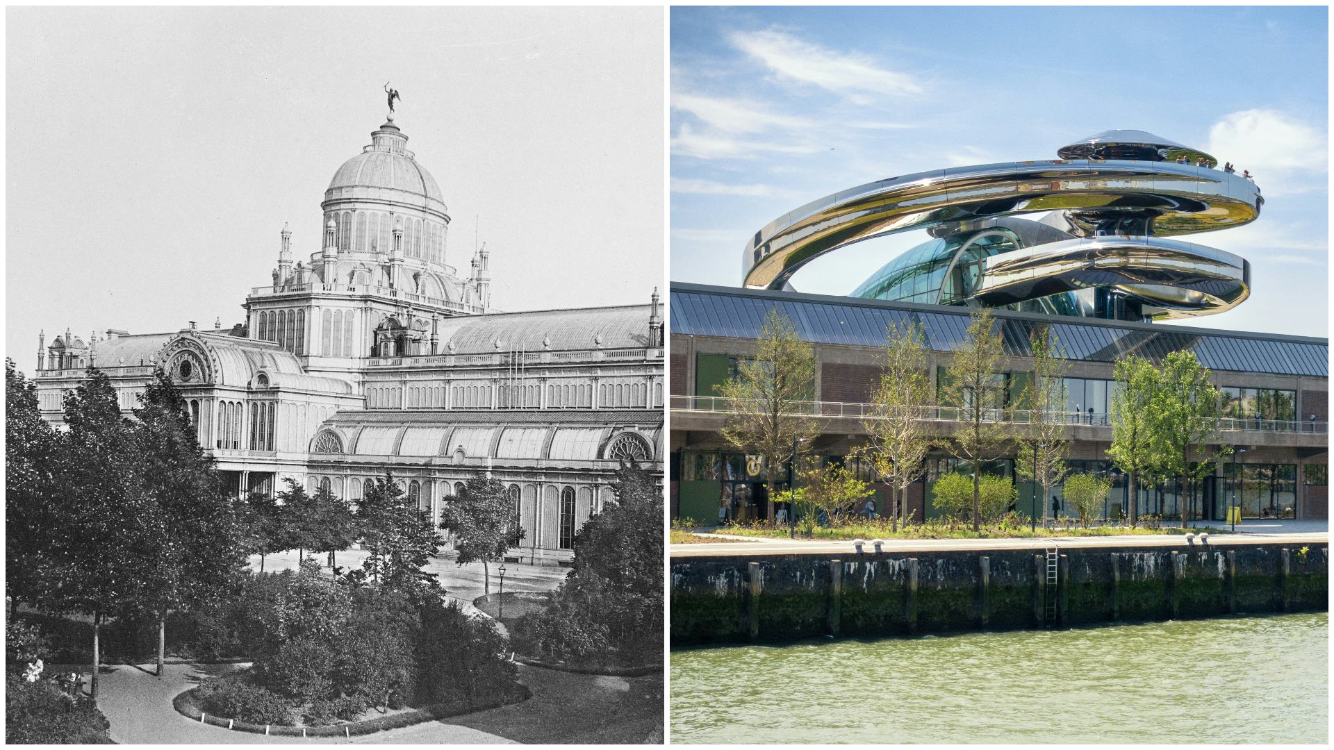 Links: het Paleis van Volksvlijt. Beeld Stadsarchief Amsterdam. Rechts: Fenix. Beeld ANP / Hollandse Hoogte / Clemens Rikken