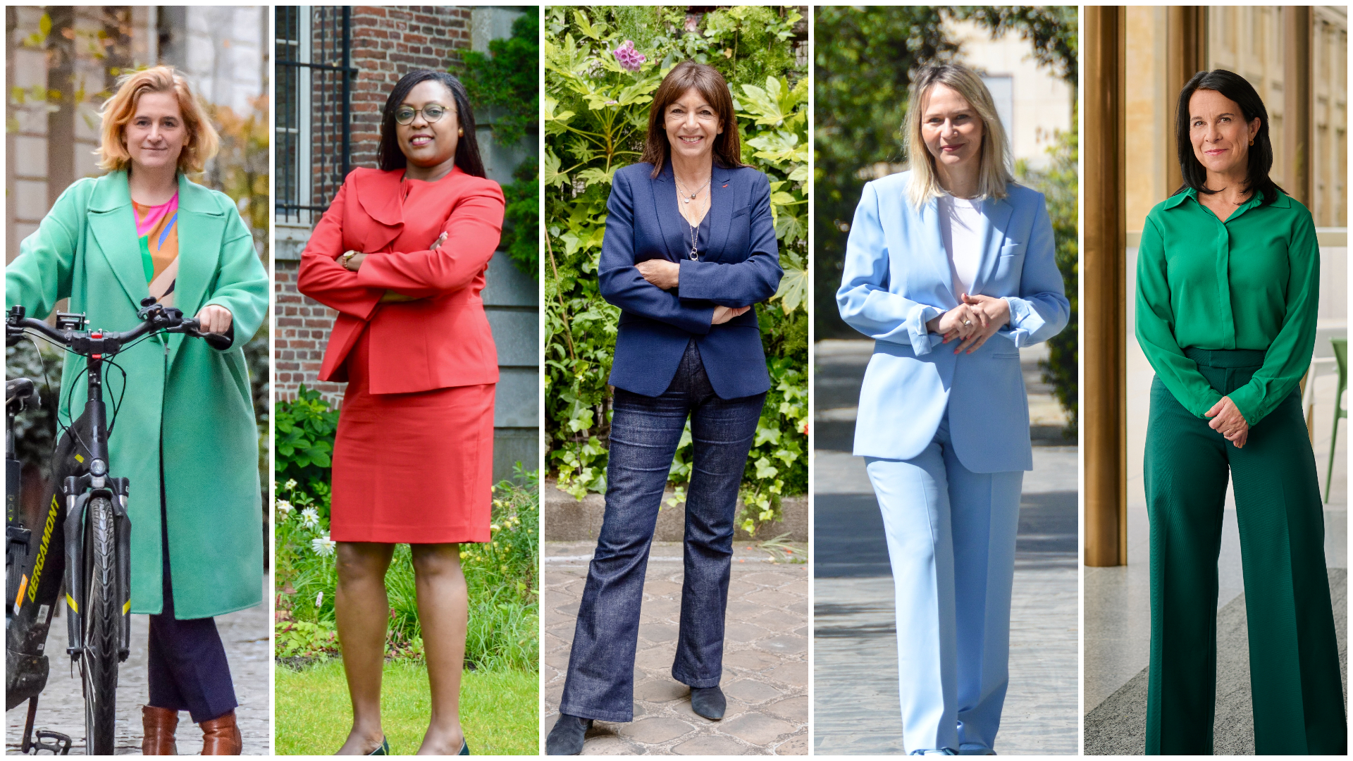 V.l.n.r. Elke Van den Brandt, Amanda Ngabirano, Anne Hidalgo, Anuela Ristani en Valérie Plante. Beeld Chris en Melissa Bruntlett