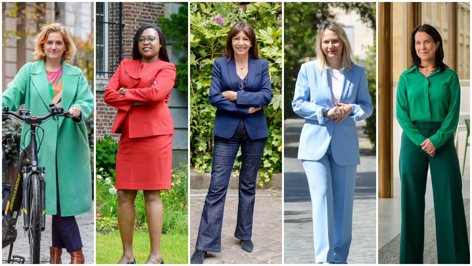 V.l.n.r. Elke Van den Brandt, Amanda Ngabirano, Anne Hidalgo, Anuela Ristani en Valérie Plante. Beeld Chris en Melissa Bruntlett