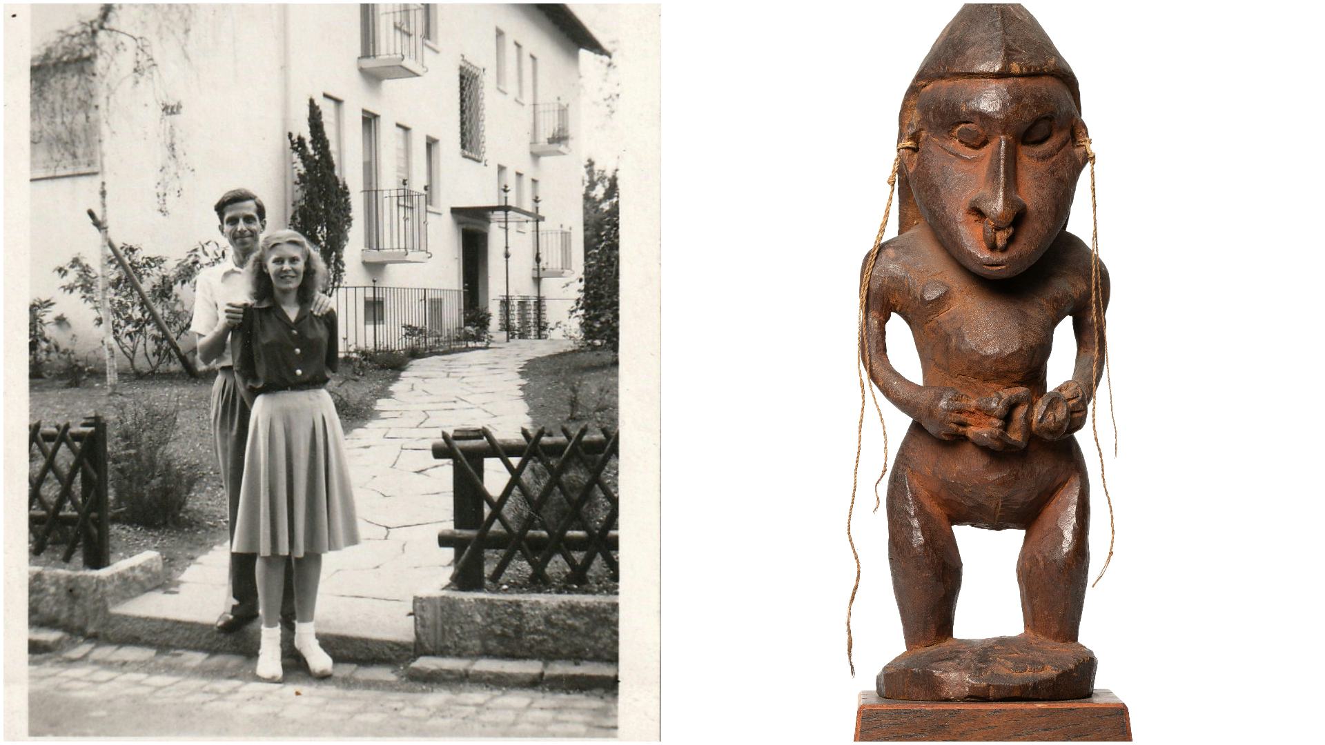 Links: Aldo en Hannie van Eyck in Zütich, ca. 1938. Rechts: zeldzaam moeder en kind figuur uit Papua Nieuw Guinea. Beeld Veilinggebouw De Zwaan
