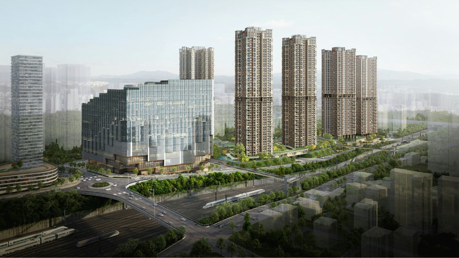 Impressie SeoulOne met links The Square. Beeld Bluesquare