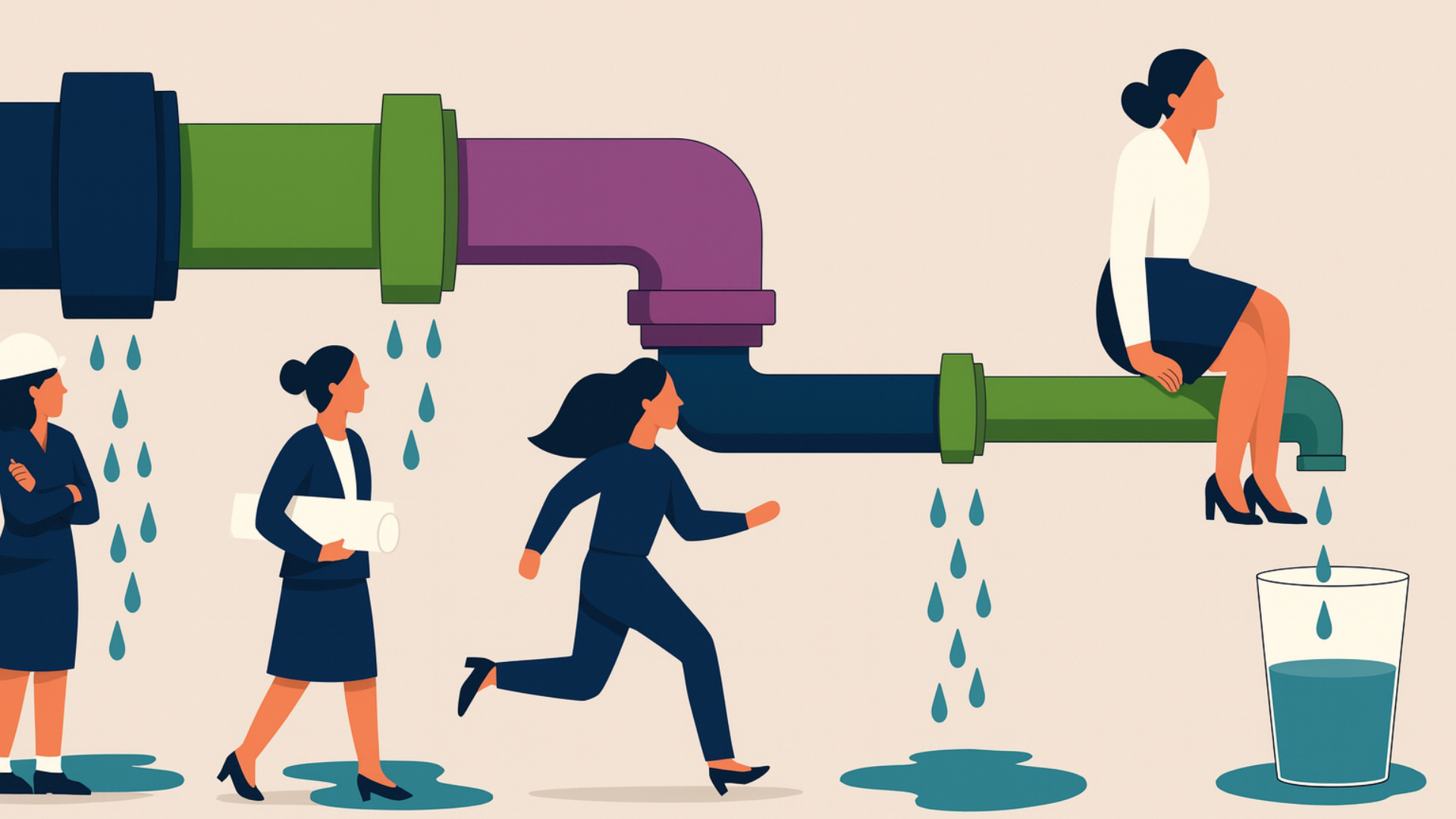 AI gegenereerde illustratie door Charlotte Thomas over de Leaky Pipeline. Beeld de Architect