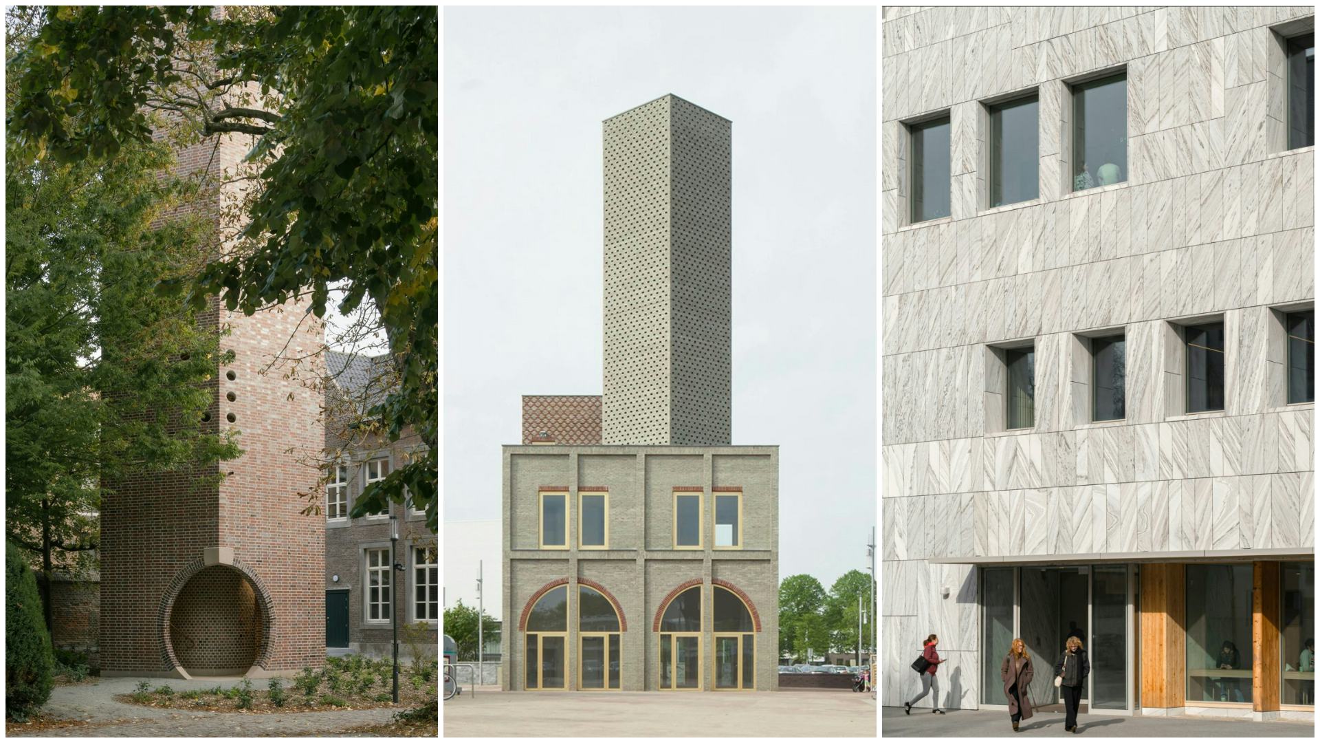 V.l.n.r. Faculteit Architectuur Hasselt door Bovenbouw en David Kohn Architects, beeld Stijn Bollaert. Landmark Nieuw Bergen door Monadnock, beeld Stijn Bollaert. Marga Klompé gebouw door Powerhouse Company, beeld Sebastian van Damme