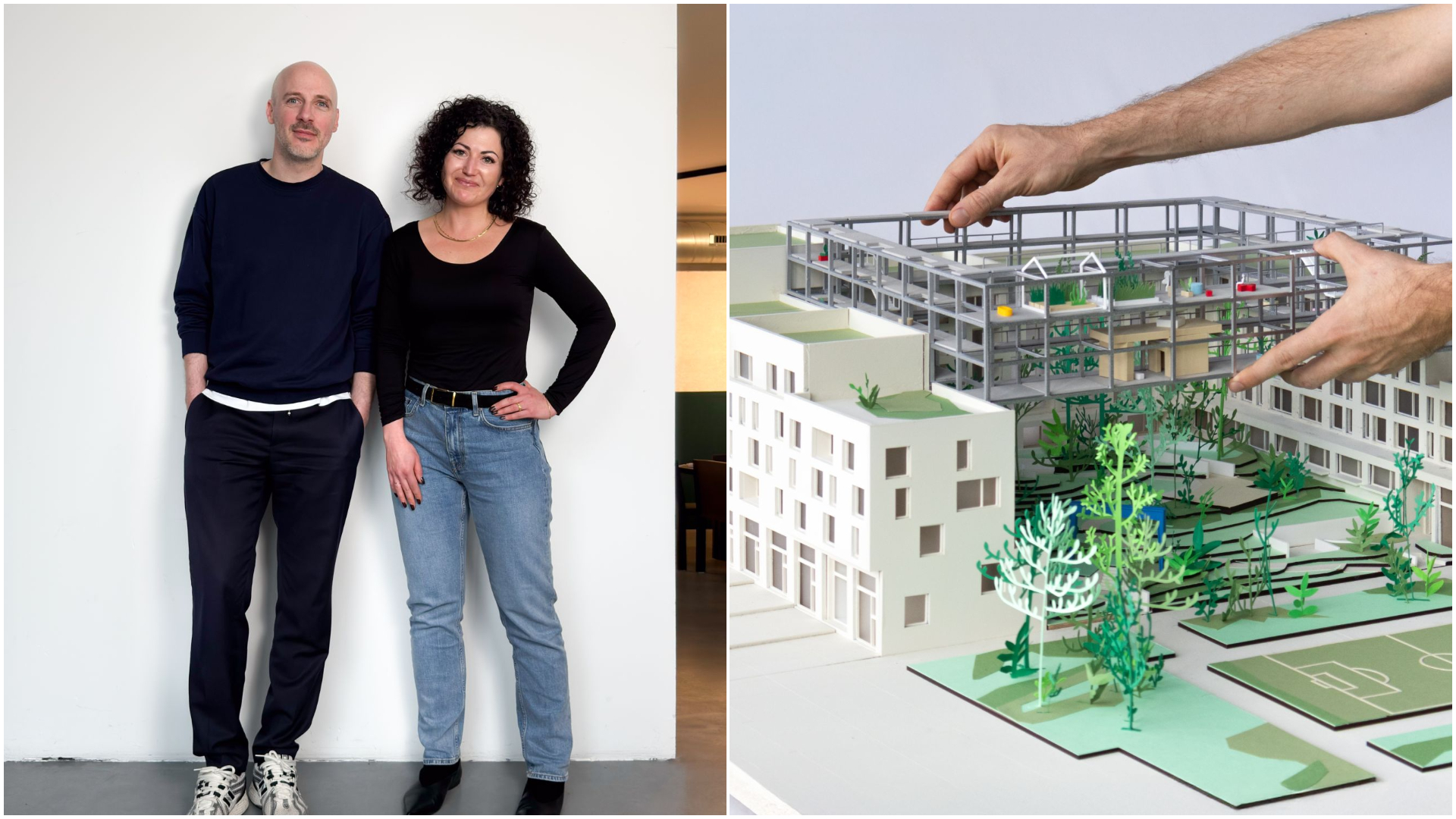 Nieuwe partners Lidia Egorova en Bart Nicolaas (l) en het winnende ontwerp voor Kavel 16. Beeld Space&Matter via LinkedIn