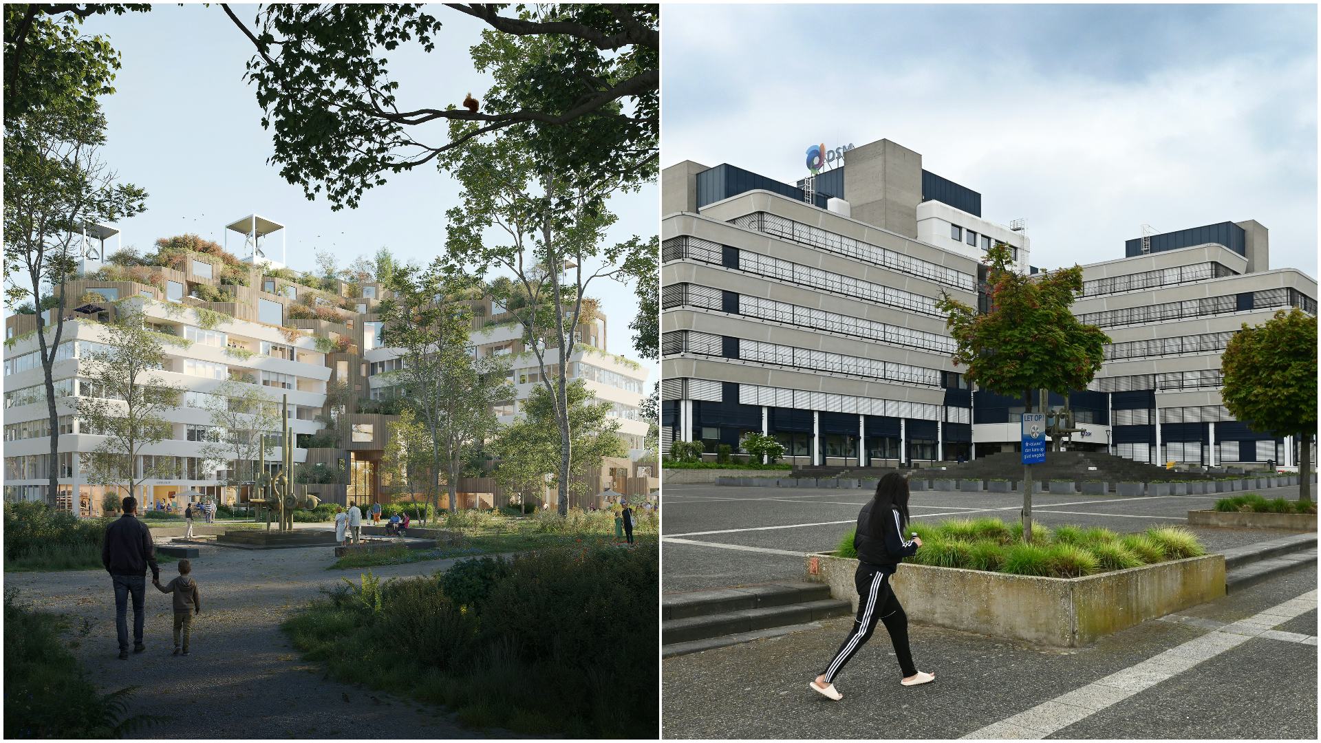 Links: artist impression o.b.v. het nieuwe ontwerp. Beeld Parallel. Rechts: huidige situatie. Beeld ANP
