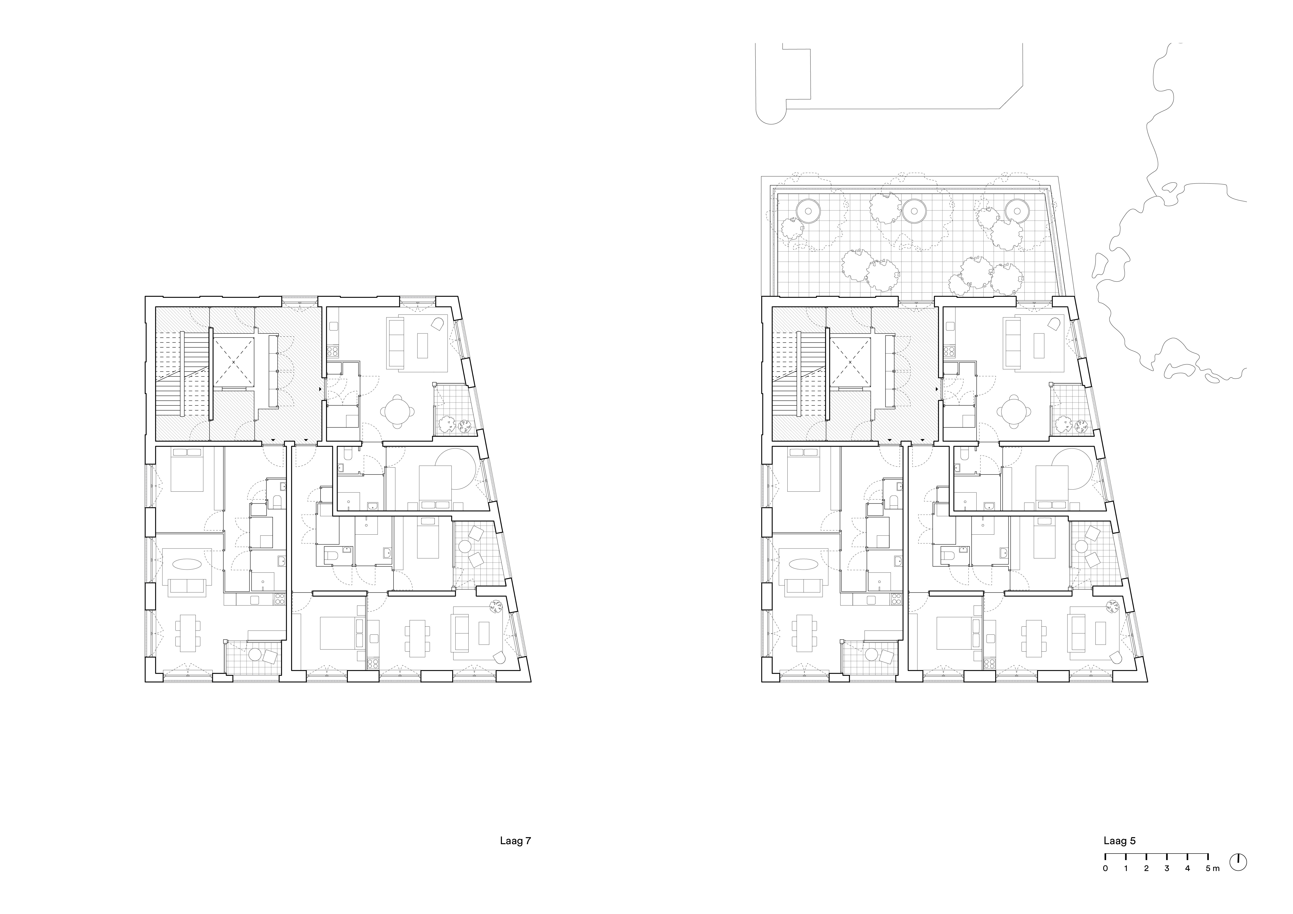 Plattegrond zevende (l) en vijfde verdieping. Beeld van Bergen Kolpa Architecten
