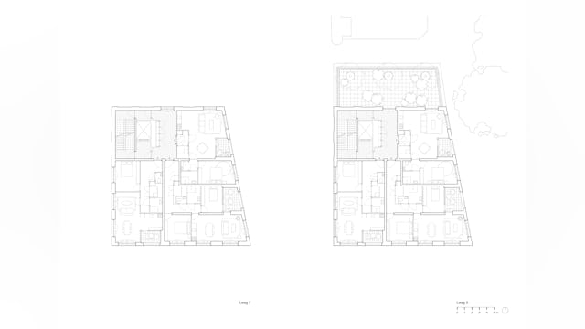 Plattegrond zevende (l) en vijfde verdieping. Beeld van Bergen Kolpa Architecten
