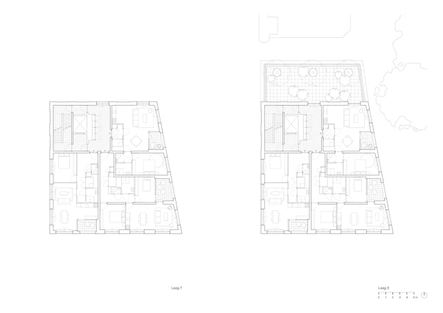 Plattegrond zevende (l) en vijfde verdieping. Beeld van Bergen Kolpa Architecten