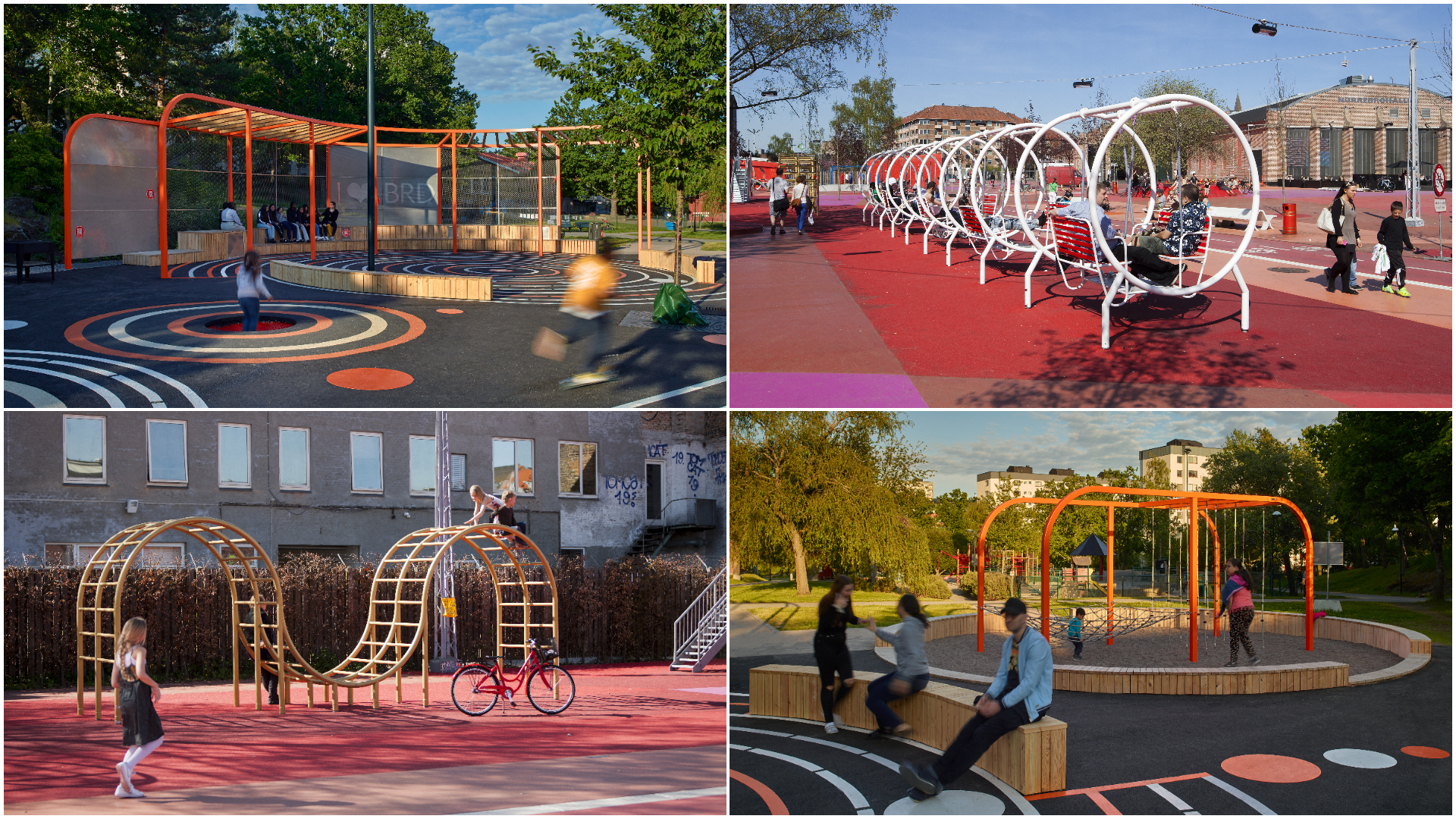 Bredäng Park (l.b., r.o.). Beeld Robin Hayes. Red Square Superkillen (r.b., l.o.). Beeld Torben Eskerod